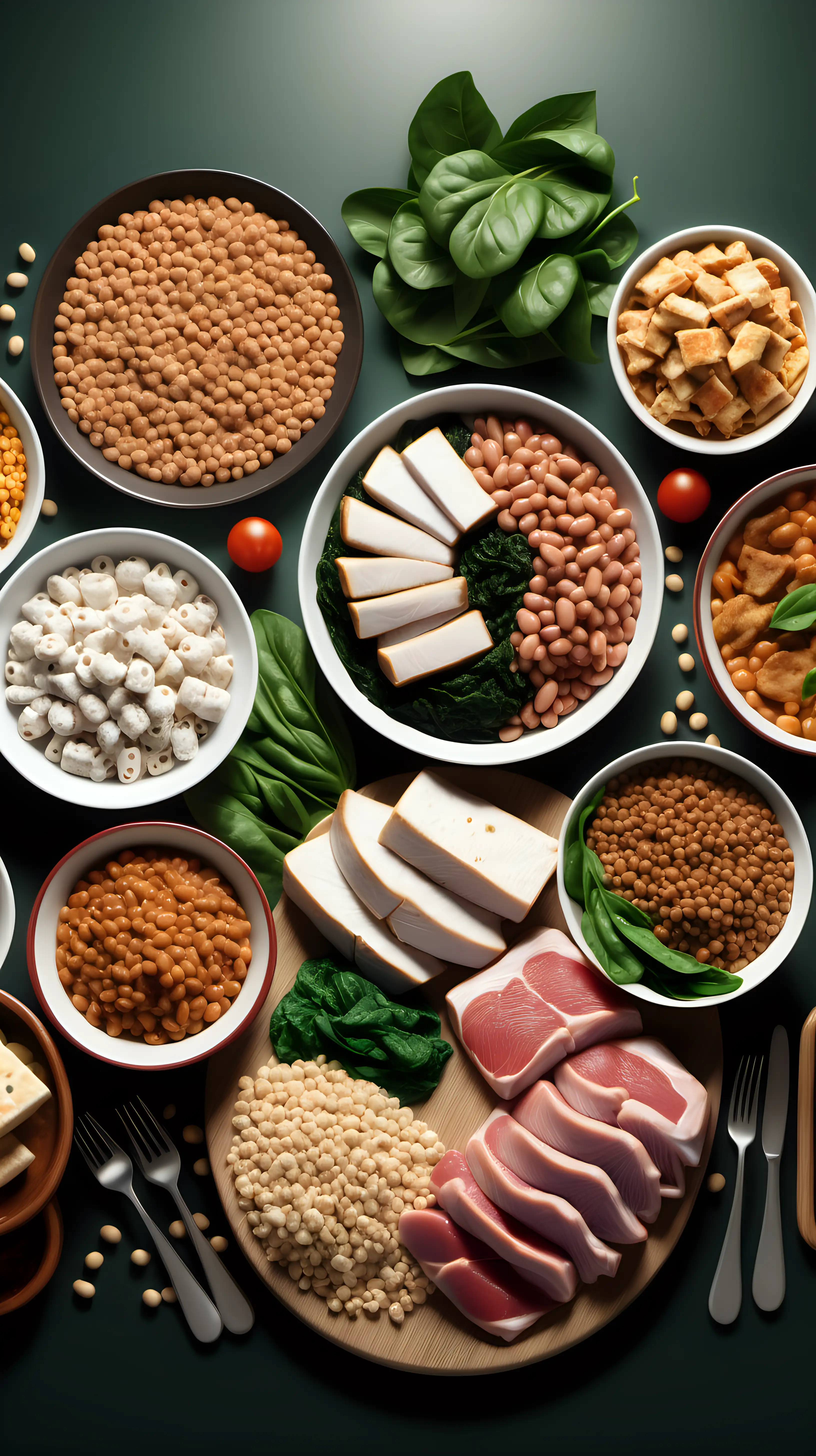 A table with lean meats, poultry, fish, beans, lentils, tofu, spinach, and fortified cereals, high quality image 4K, 3D, high resolution image