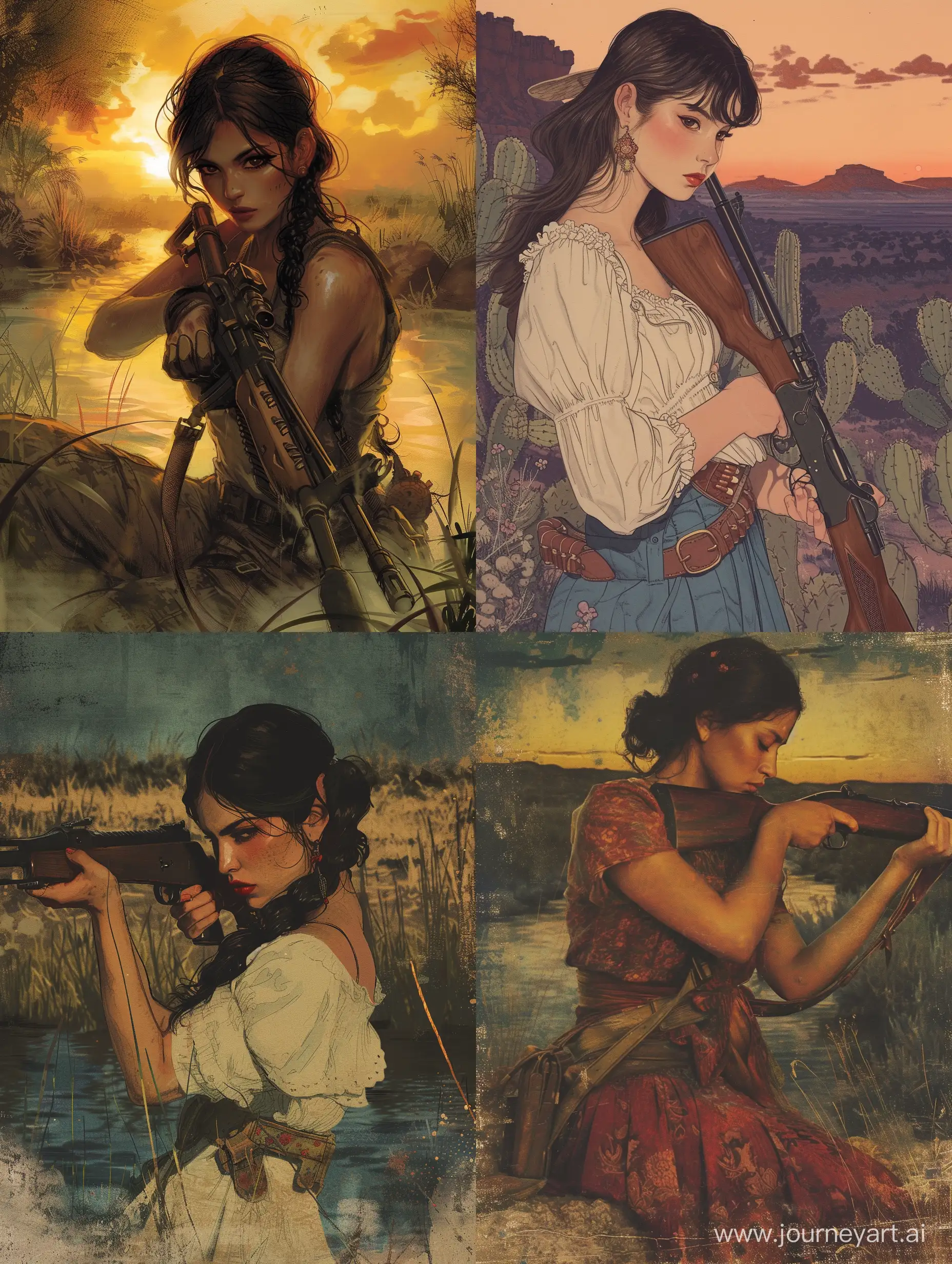 Mexican-Brunette-Assembling-Rifle-at-Dawn-by-the-River