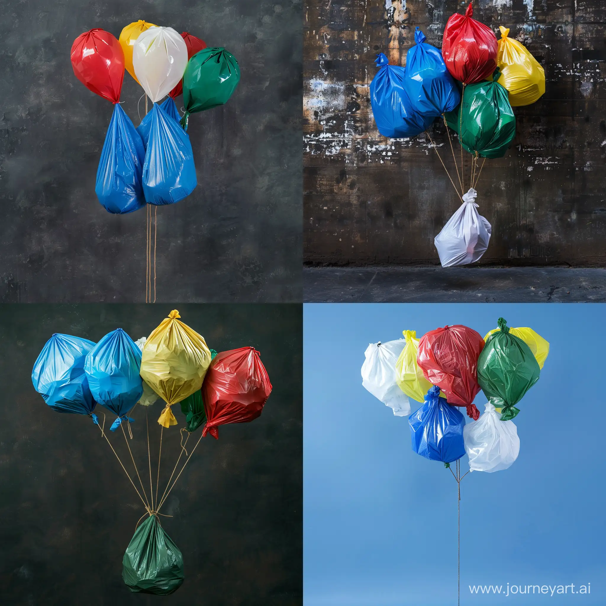 Colorful-Trash-Bag-Balloons-Suspended-by-a-Rope