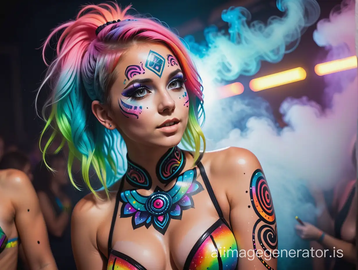 Vibrant-Rave-Dance-Young-Woman-with-Elaborate-Body-Paint-and-MultiColored-Hair
