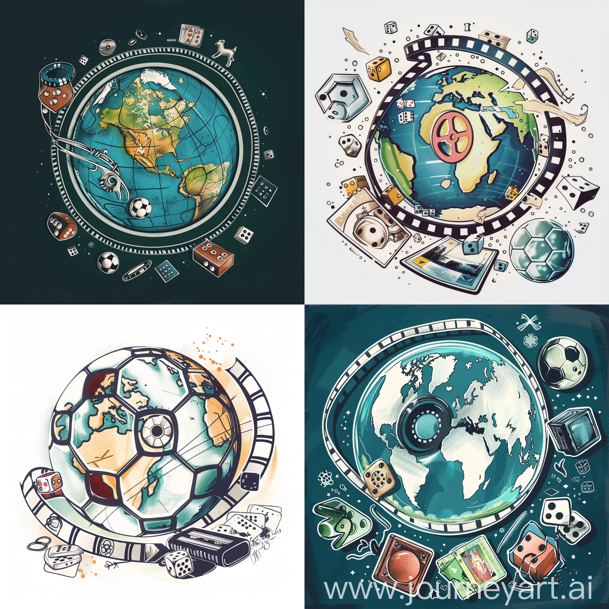 The logo contains a stylized globe representing the general culture and history. Inside the globe is a film reel partially wrapped around it, symbolizing movies. All over the world, there is a soccer ball that bounces, which refers to the aspect of soccer. Surrounding the globe are delicate elements representing different games, such as dice, cards, and a game console.