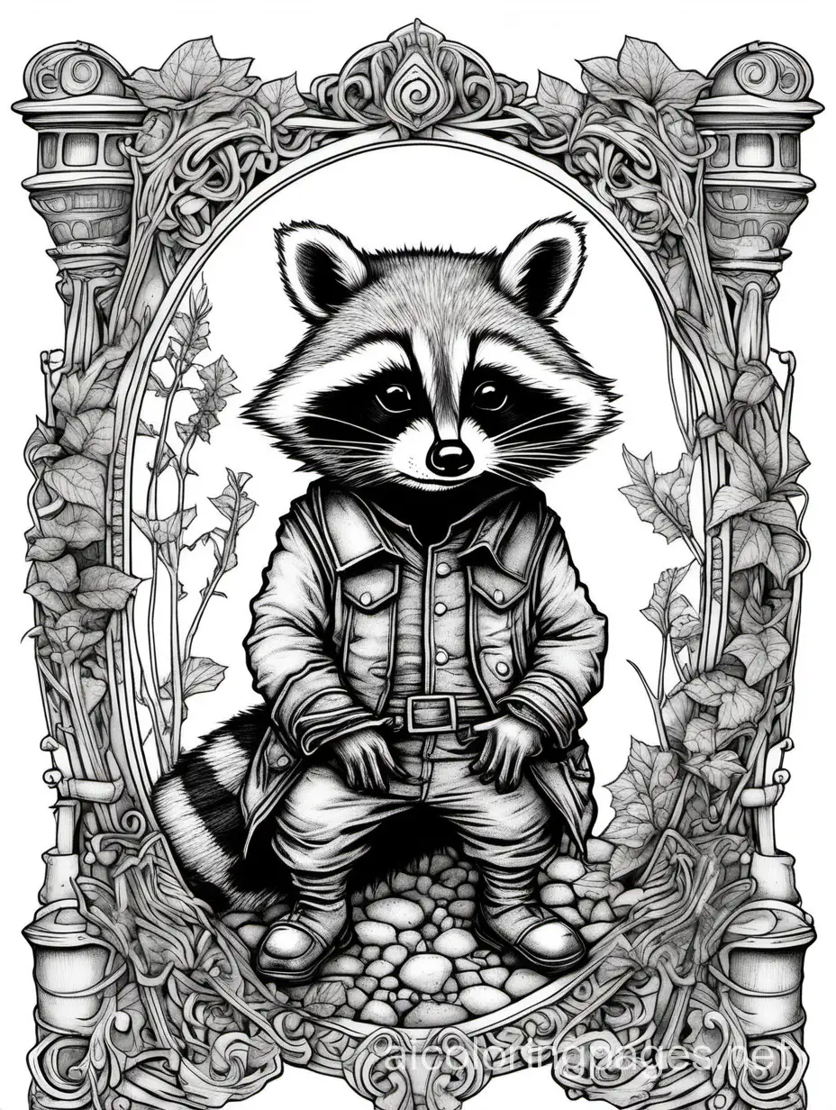 raccoon, highly detailed, intricate frame,  Jean-Baptiste Monge, Coloring Page, black and white, line art, white background, Simplicity, Ample White Space. The background of the coloring page is plain white to make it easy for young children to color within the lines. The outlines of all the subjects are easy to distinguish, making it simple for kids to color without too much difficulty