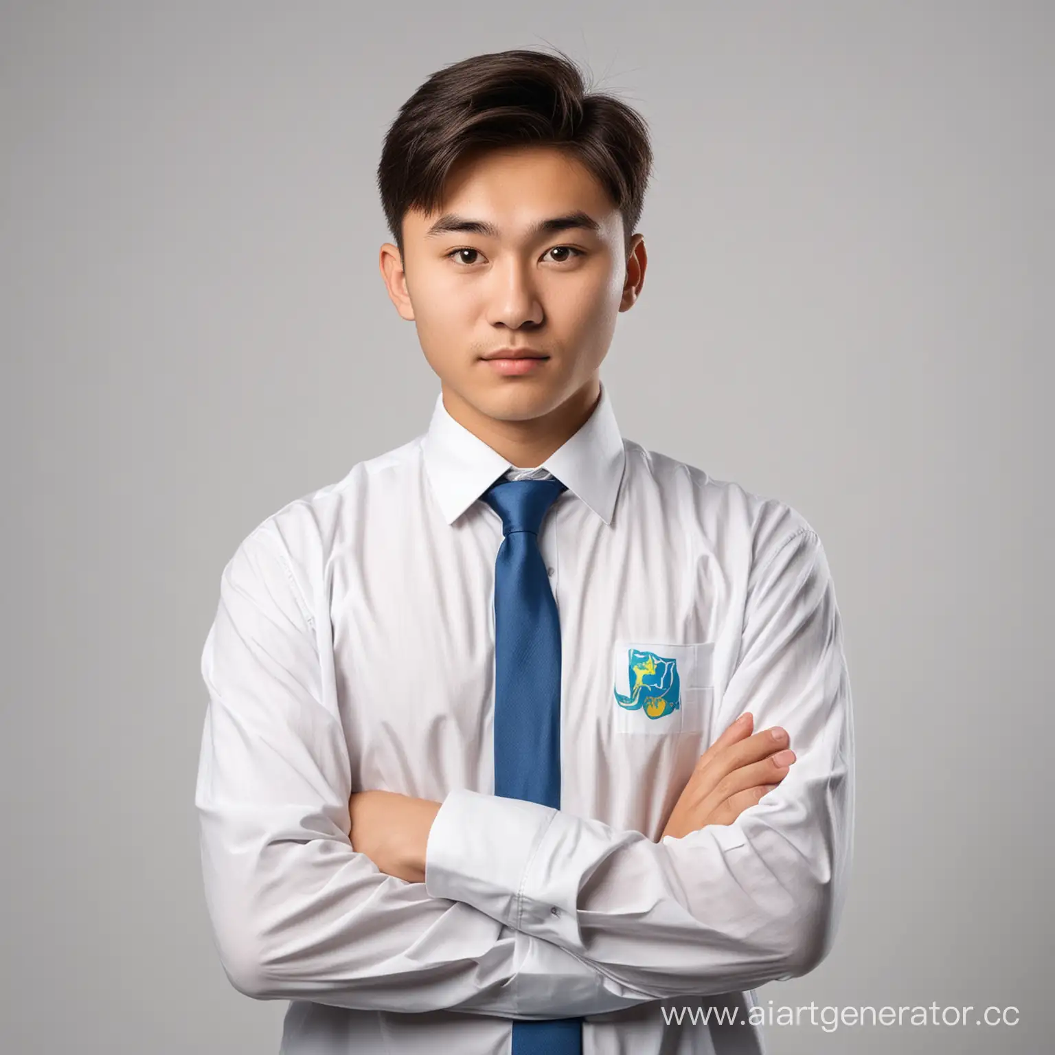 Юноша 18-19 лет студент казахской внешности, хочет стать айтишником. Стоит в белом фоне 