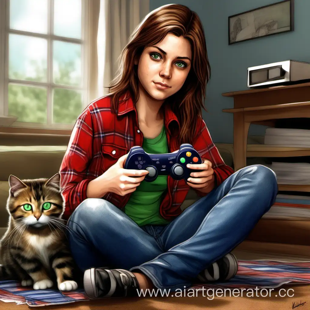 a young girl. medium brown hair just past shoulder length. green eyes, thick eyebrows. wearing a red flannel shirt unbuttoned, with a gray t-shirt underneath, and blue jeans. she's sitting cross-legged, and in her lap is a tortoiseshell cat. she is holding a game controller. photo realistic style