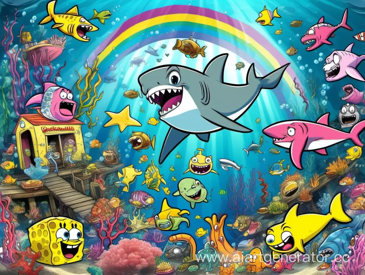 картинка в мультяшном стиле, подводный мир. на картинке акула, пиранья, водоросли желтого цвета, морская звезда розового цвета, радужные рыбки. губка боб, патрик, сквидвард. и все едят макдональдс