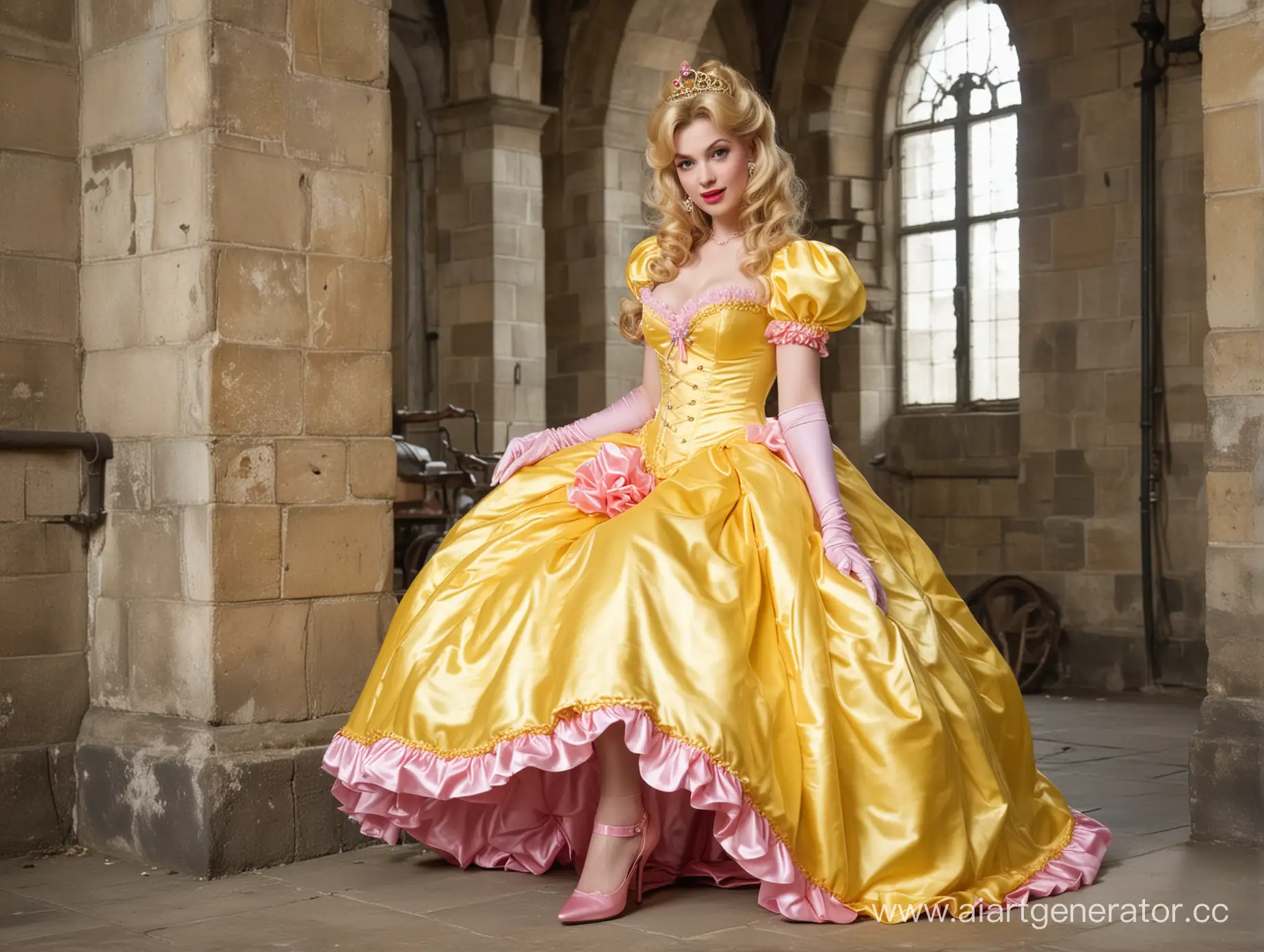 Princess-Peach-in-Satin-Yellow-Dress-with-Pink-Lips-and-Castle-Dungeon-View