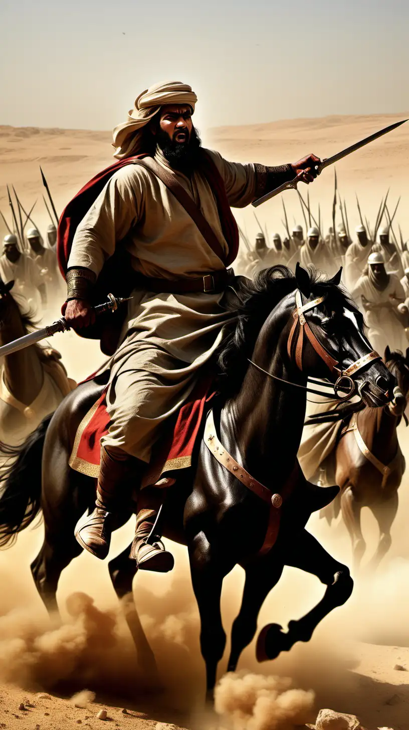 Image Prompt: Illustrate Khalid bin Walid on the battlefield, showcasing his strategic brilliance and fearless leadership.