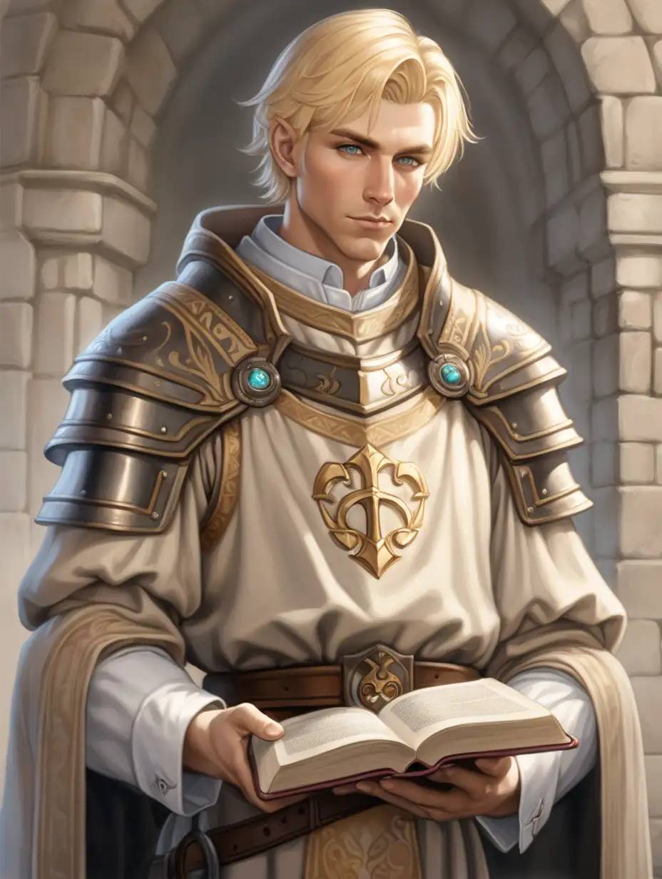 High born male cleric. Short blonde hair. Around 30 years. Dressed in modest clothing than mostly covers adamantine armor underneath. Scholar with books in hand.