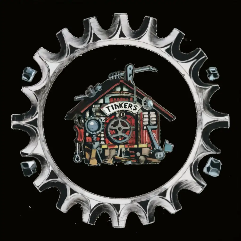 logo, nuts and bolts around a cobbled together workshed, with the text "Tinkers folly", typography