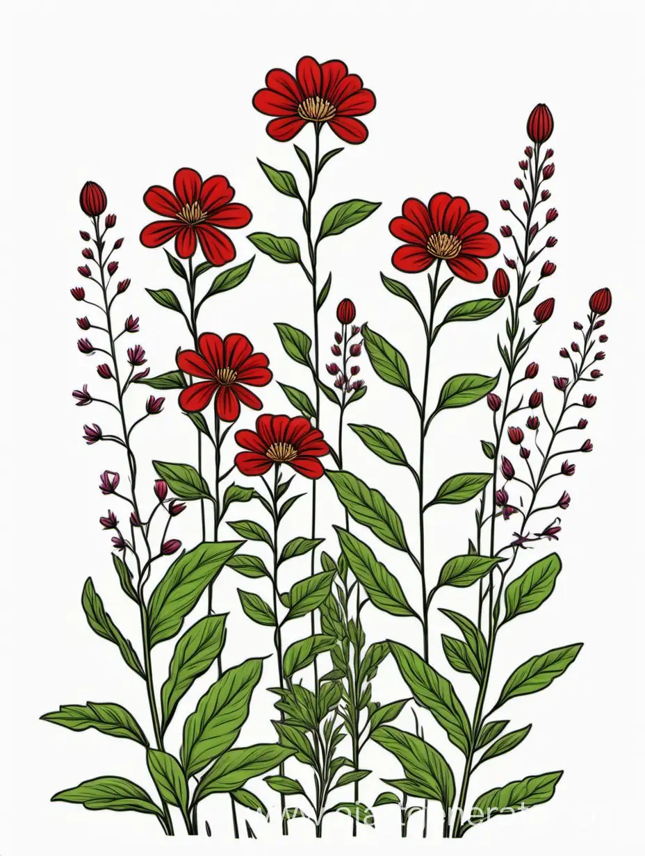  Red Big wildflower  plants lines art, simple, herb, Unique floral, botanical ,grow in cluster, 4K, high quality, white background,