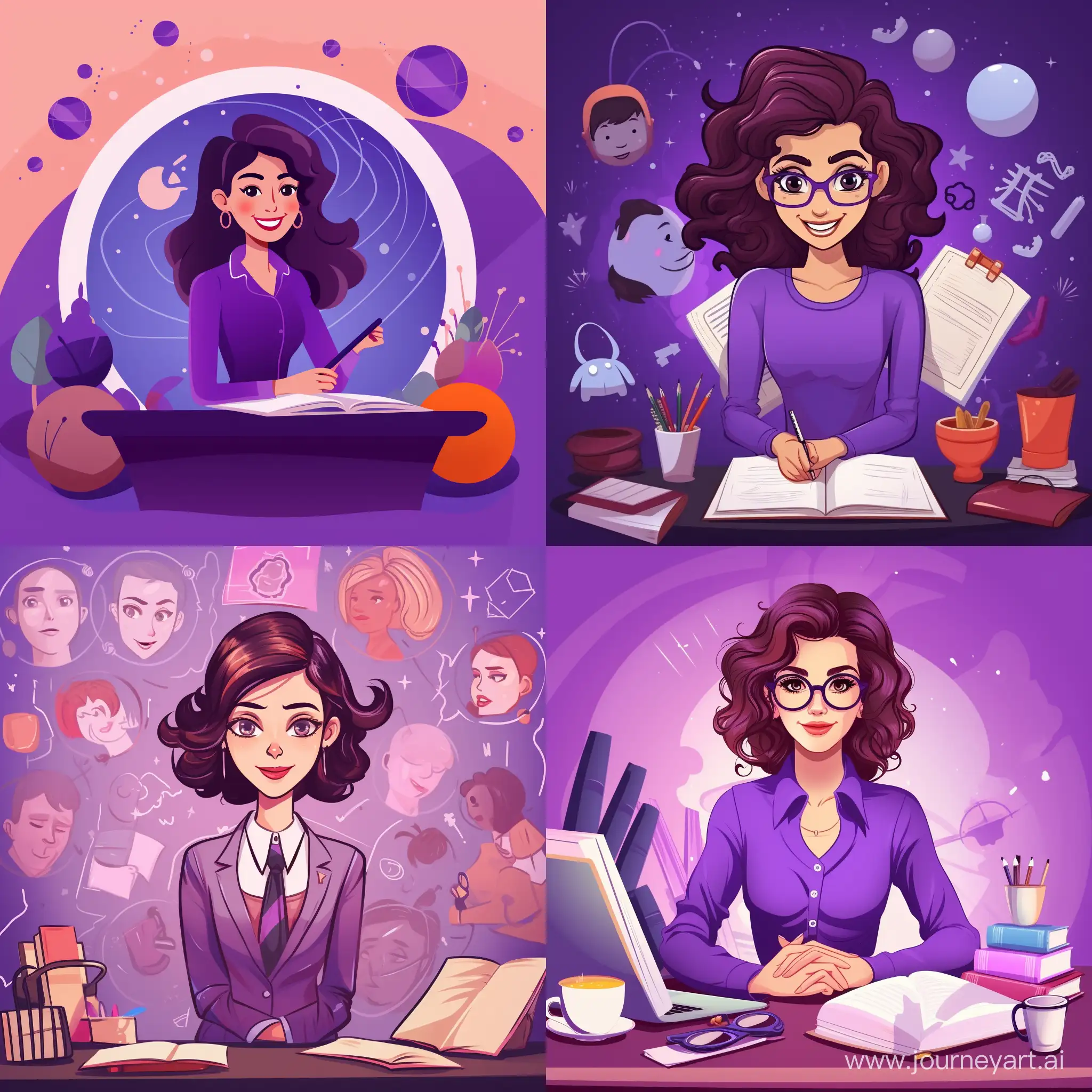 Девушка психолог в образовательной организации приветствует вас на фиолетовом фоне