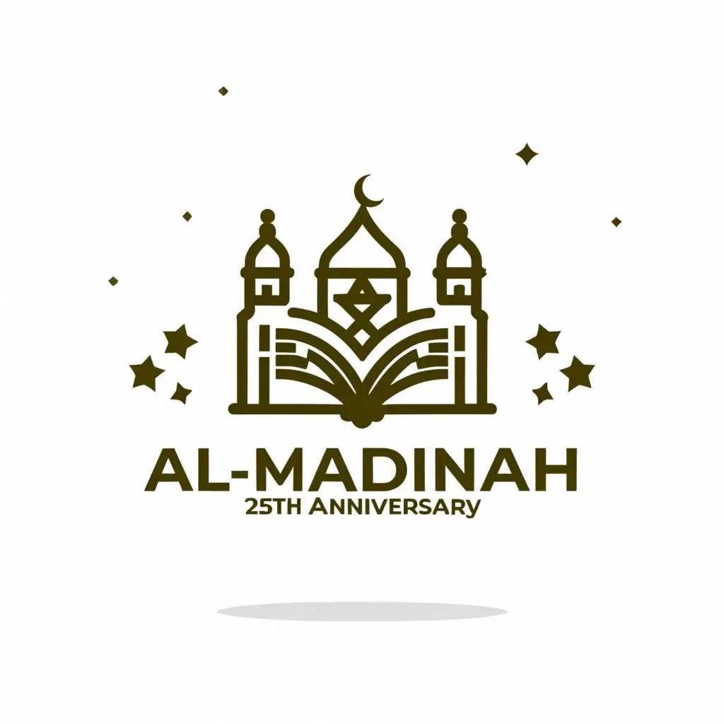 a logo design,with the text "Al-Madinah 25th Anniversary", main symbol:book, stars, mosque,Moderate,be used in Education industry,clear background