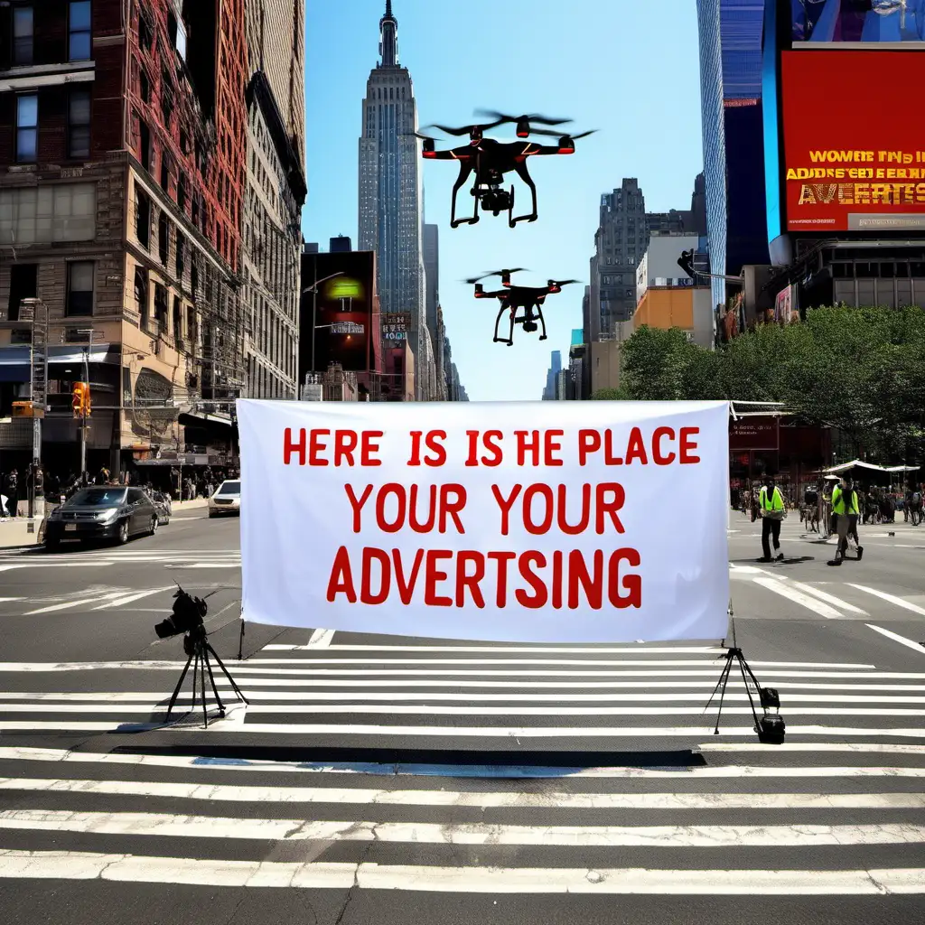 two flying drones lifting an advertising banner in new york with the words : "|here is the place for your advertising"