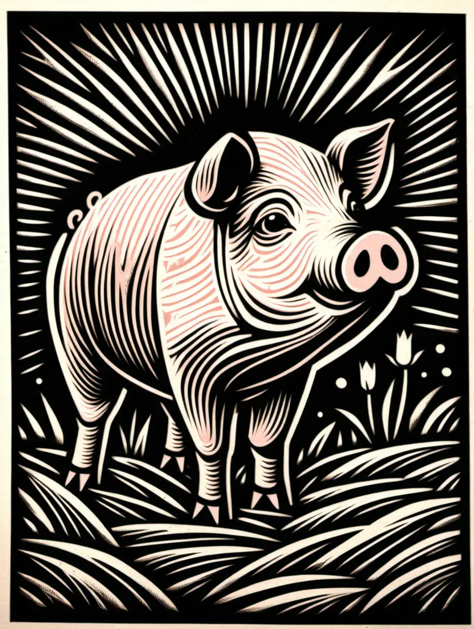 Charming Pig Linocut Art Captivating Handcrafted Print