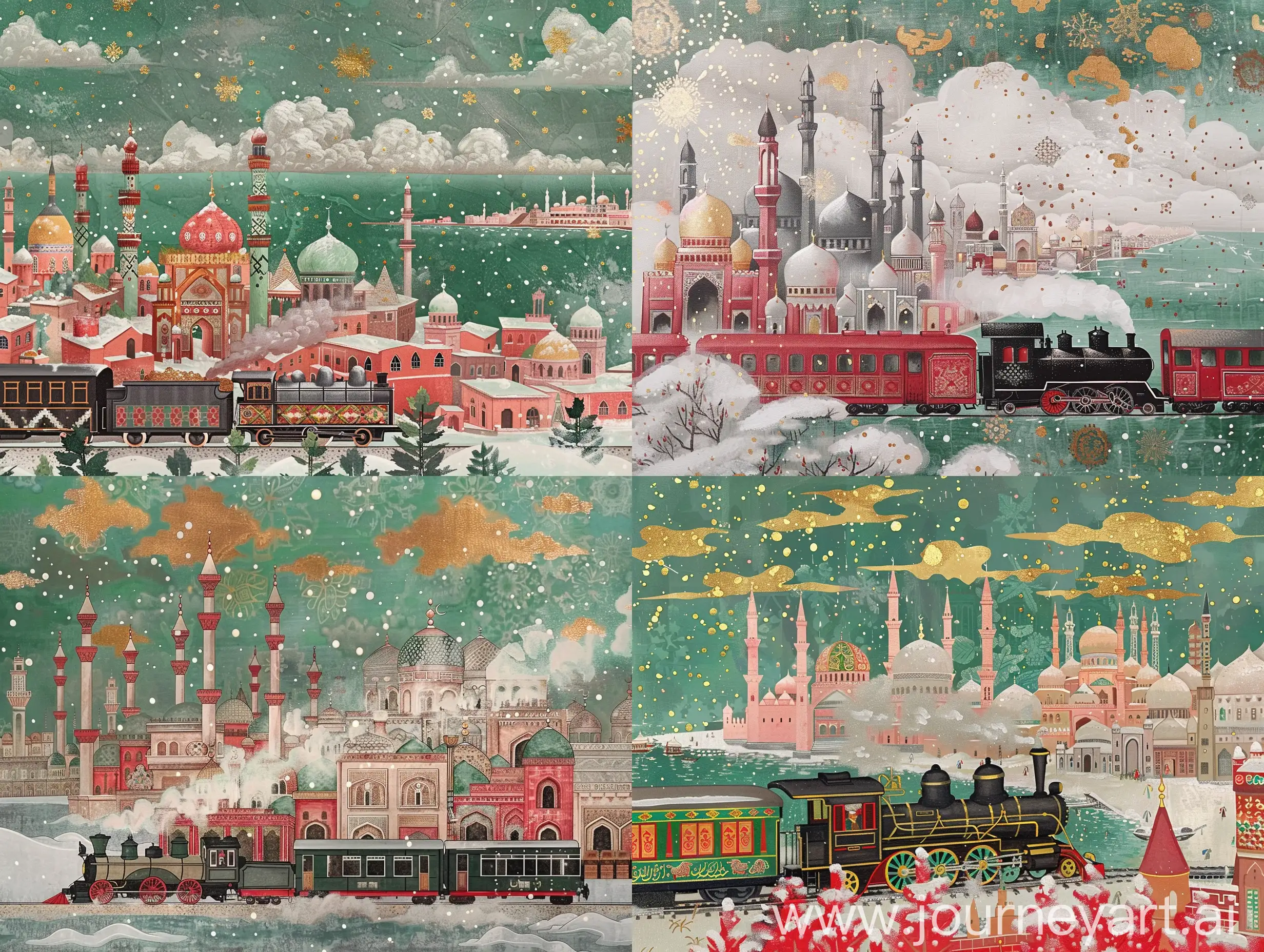 Traditional Chinese painting in style of Persian miniature painting with red green grey pink gold Chinese art details, Depicting a steam train moving towards a seafront city full of Islamic architectures and mosques having persian tile decorations, greenish grey aky with gold border clouds, snowfall --ar 4:3