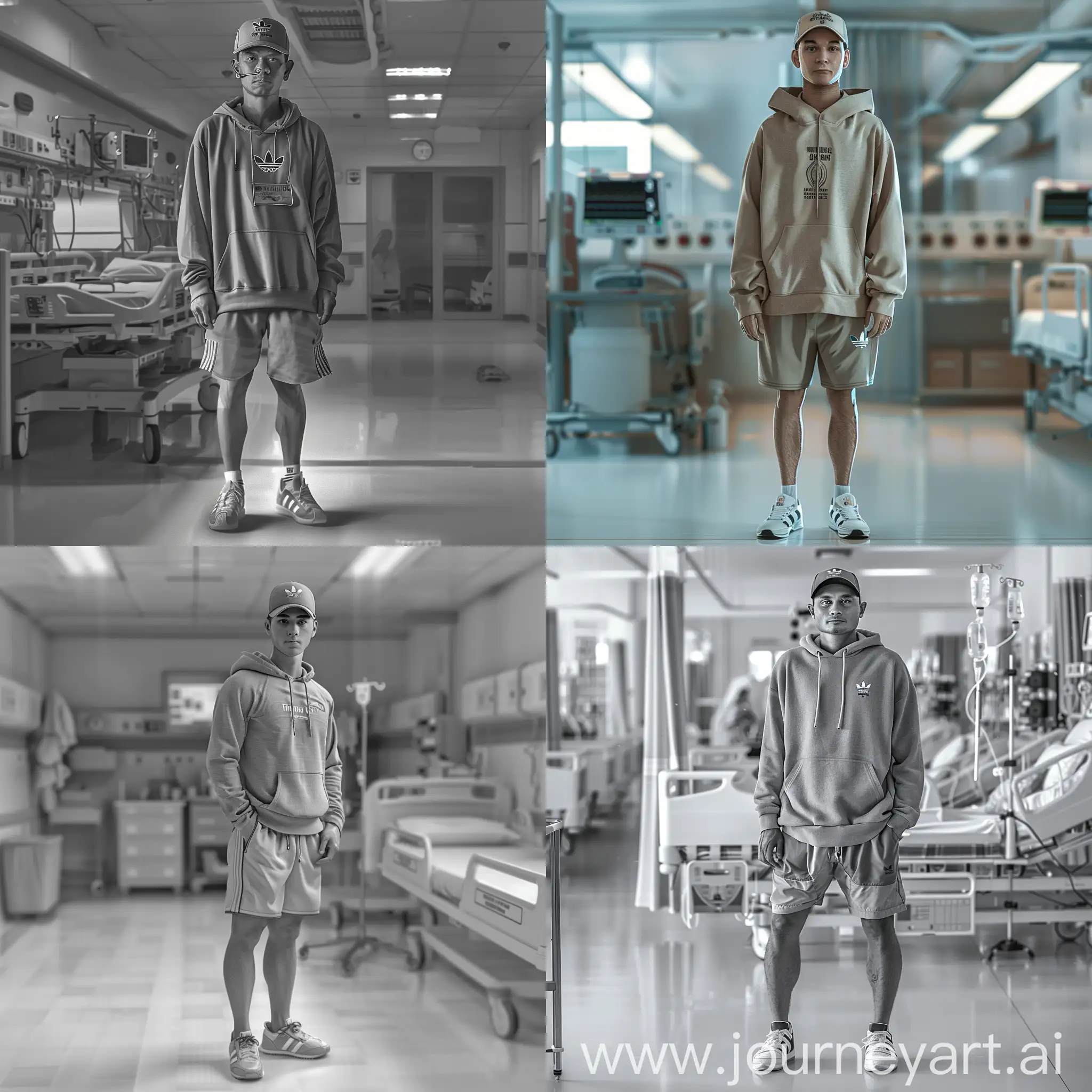 An Indonesian man, 35 years old, handsome with a clean face, wearing a baseball cap, hoodie, shorts, Adidas shoes, standing inside a hospital room, the background of the hospital ward is clearly visible, realistic HD. 