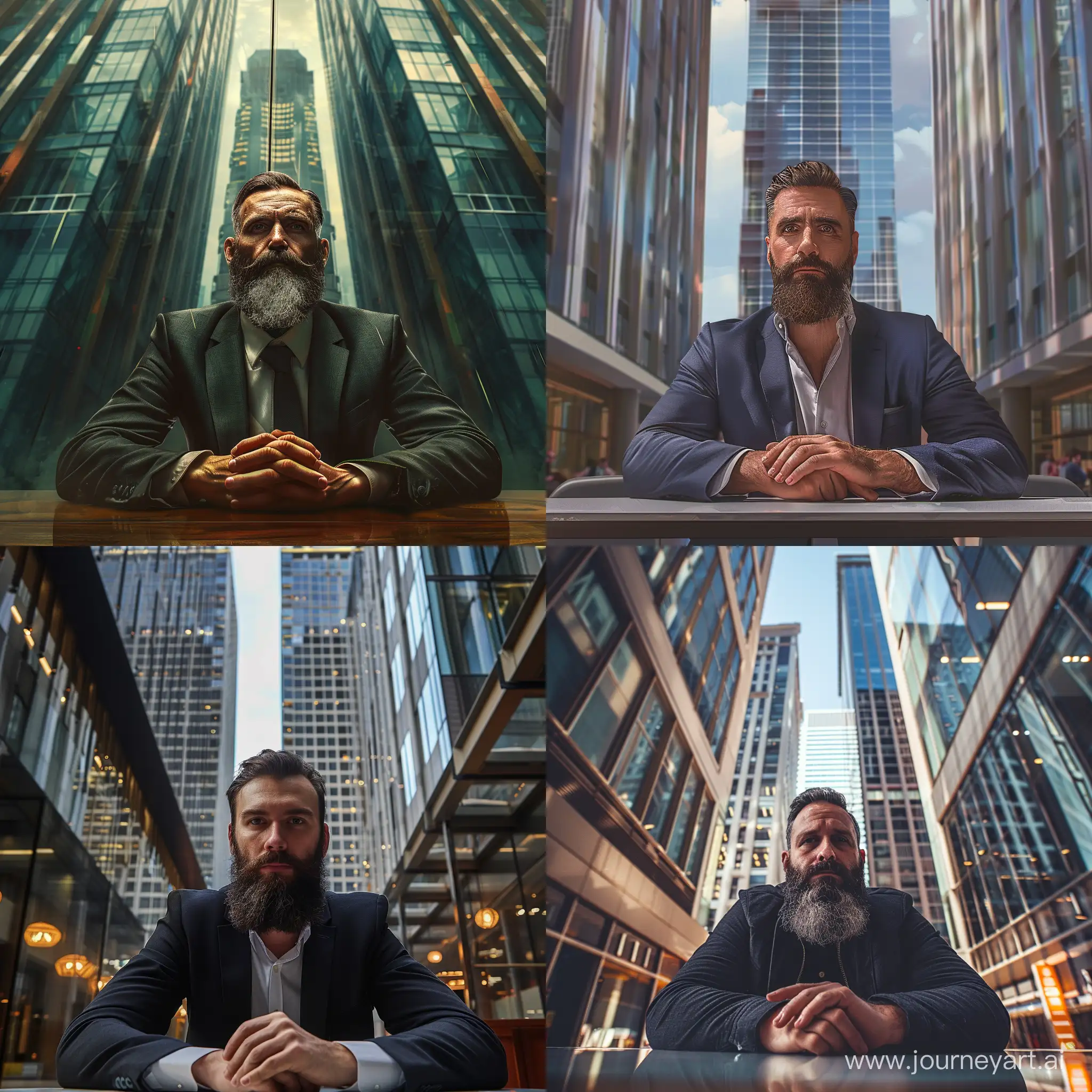 Создай взрослого серьезного человека с бородой, который сидит за столом в бизнес центре в высоком здании