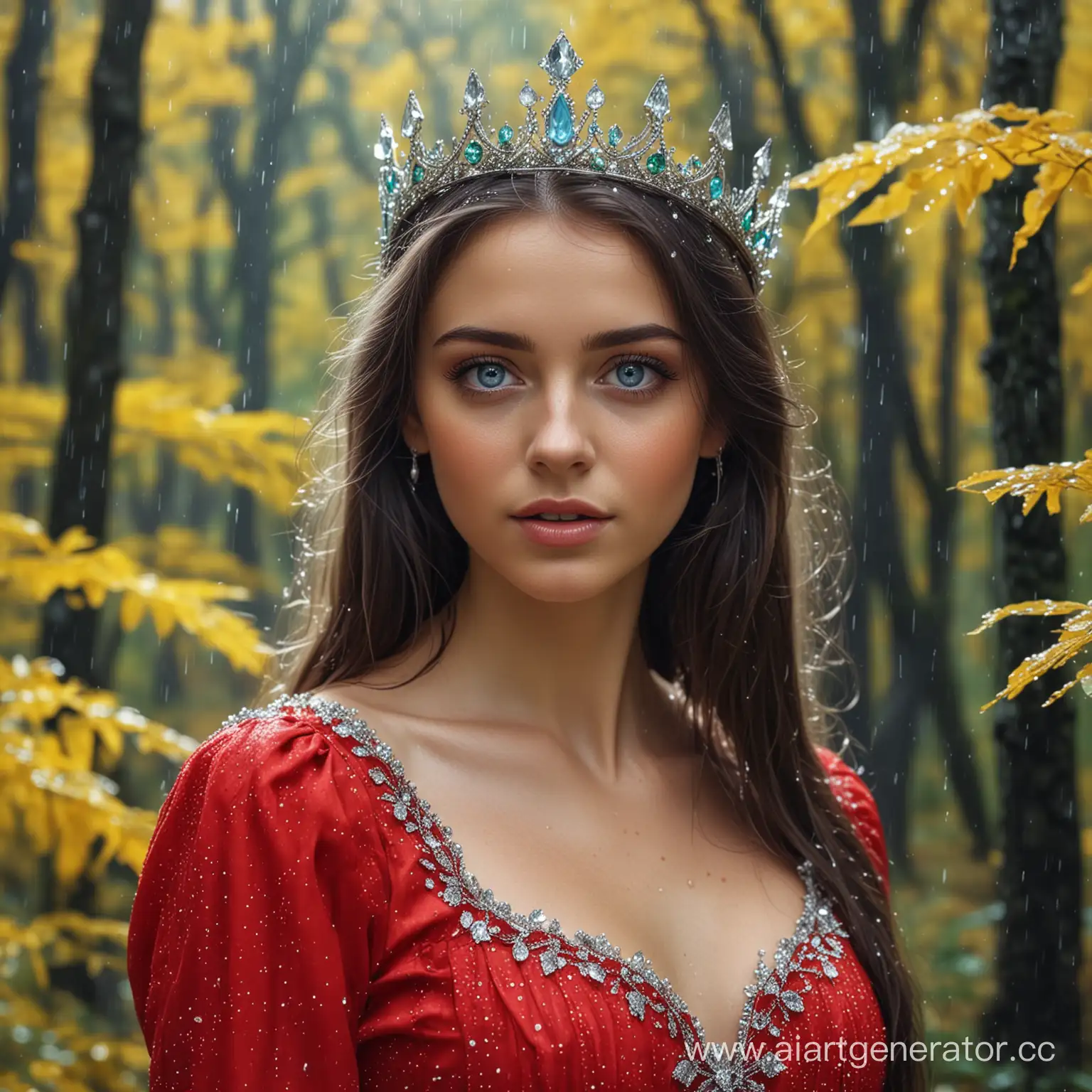  beautiful girl with blue eyes, in a red dress, with a diamond crown, under a rain of emeralds, standing in a yellow forest. realistic photo in 4k