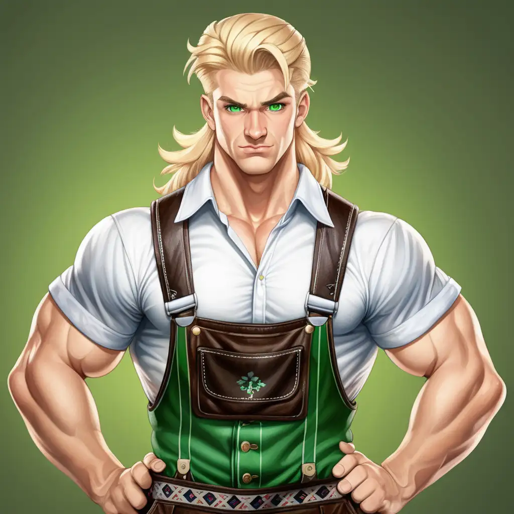 Blonde Male Weight Lifter in Lederhosen Showing Strength and Confidence