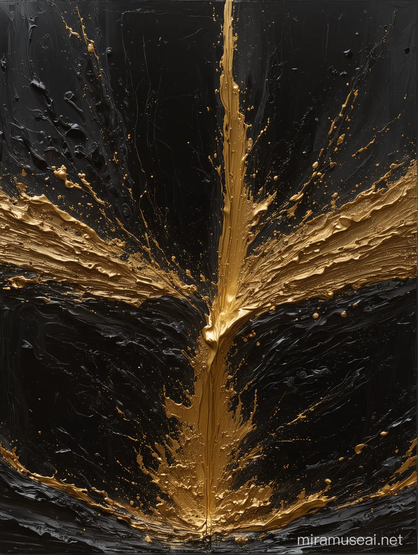 Una immagine affascinante di un quadro immaginario di Ansel Kiefer. Diverse campiture molto materiche di nero e oro. I confini tra i due colori sono come il risultato di uno strappo. I colori sono lucidi e riflettenti. Reso tridimensionale in una luce trasparente e tranquilla. I colori occupano tutta l'immagine. 