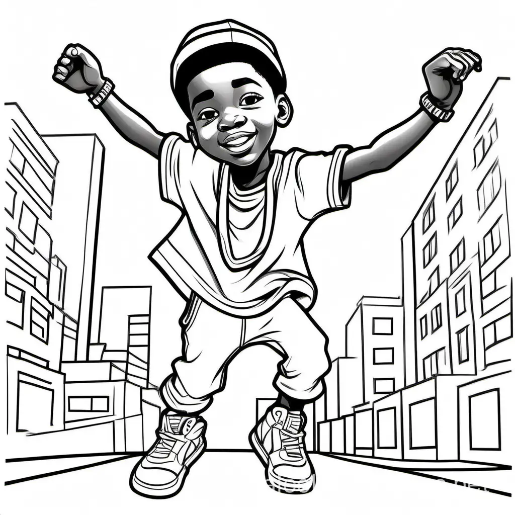 An African American boy dancing hip hop, Coloring Page, black and white, line art, white background, Simplicity, Ample White Space. The background of the coloring page is plain white to make it easy for young children to color within the lines. The outlines of all the subjects are easy to distinguish, making it simple for kids to color without too much difficulty