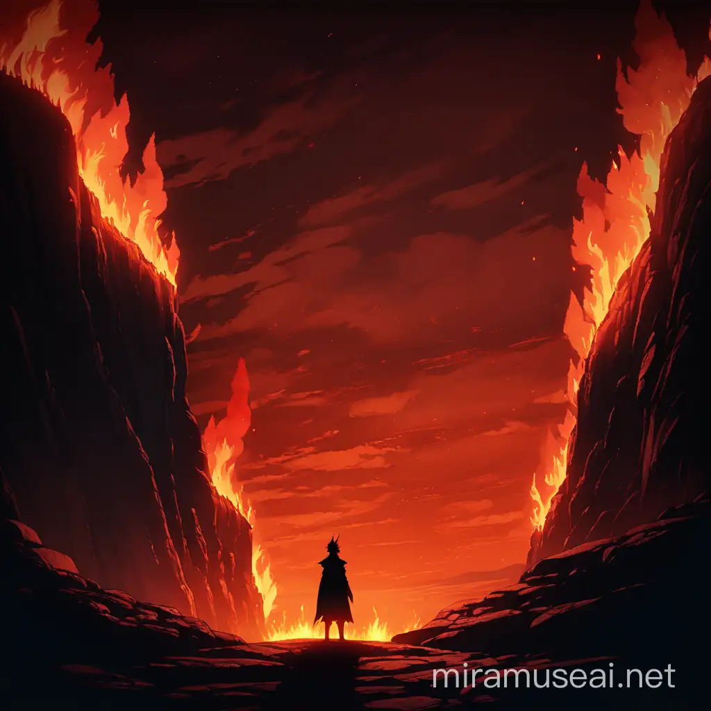 simple shadowy figure, standing in front of a cliff, surrounded by glowing fire, red as dominant colour, lots of fire walls, anime style