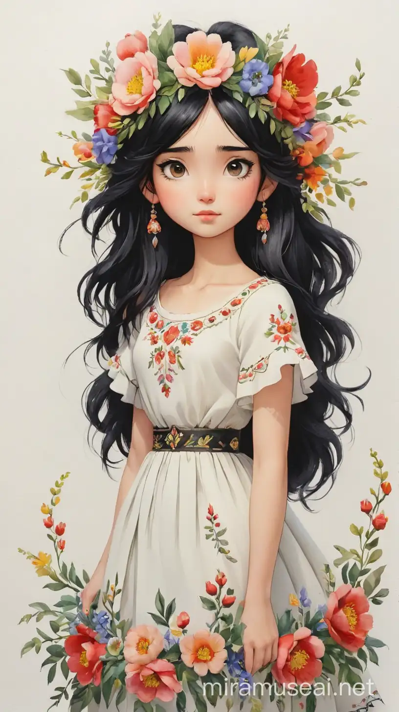 Девушка во весь рост, черные волосы, платье с вышивкой,  на голове большой венок из цветов, белый фон, акварель 