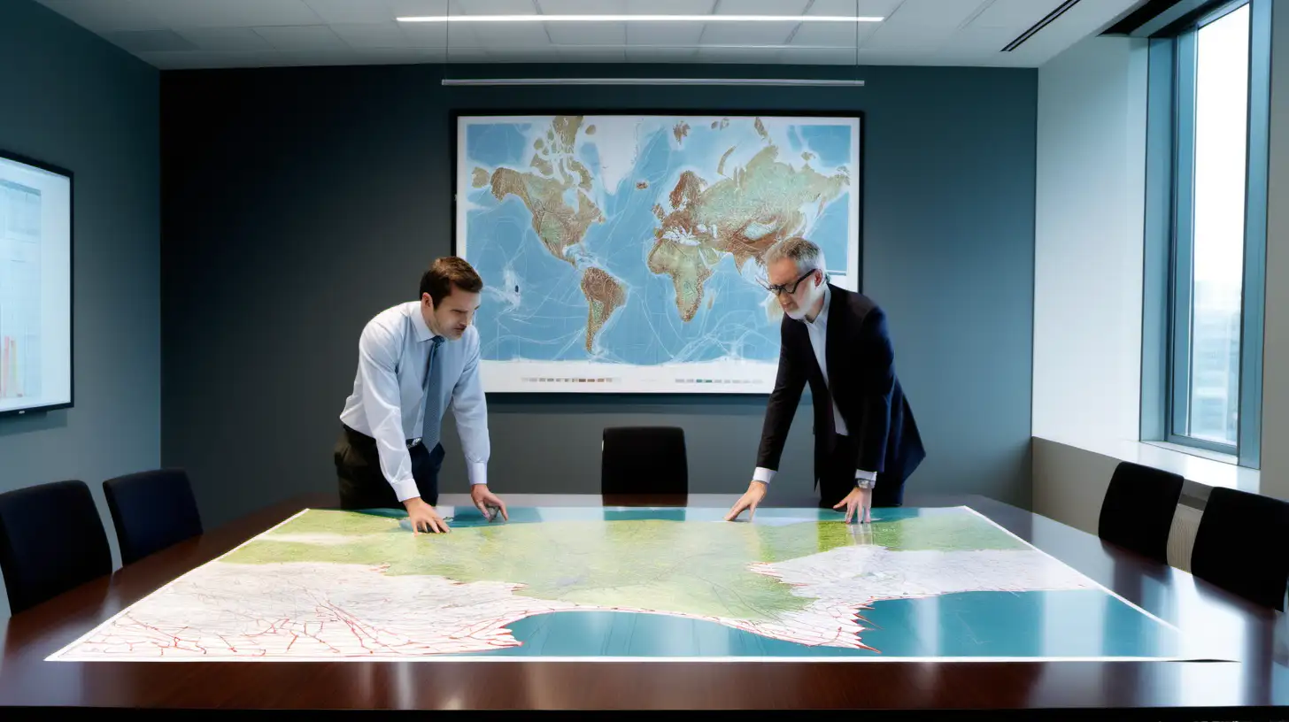 two architects in a corporate meeting room, stand around a table looking at a topographical map