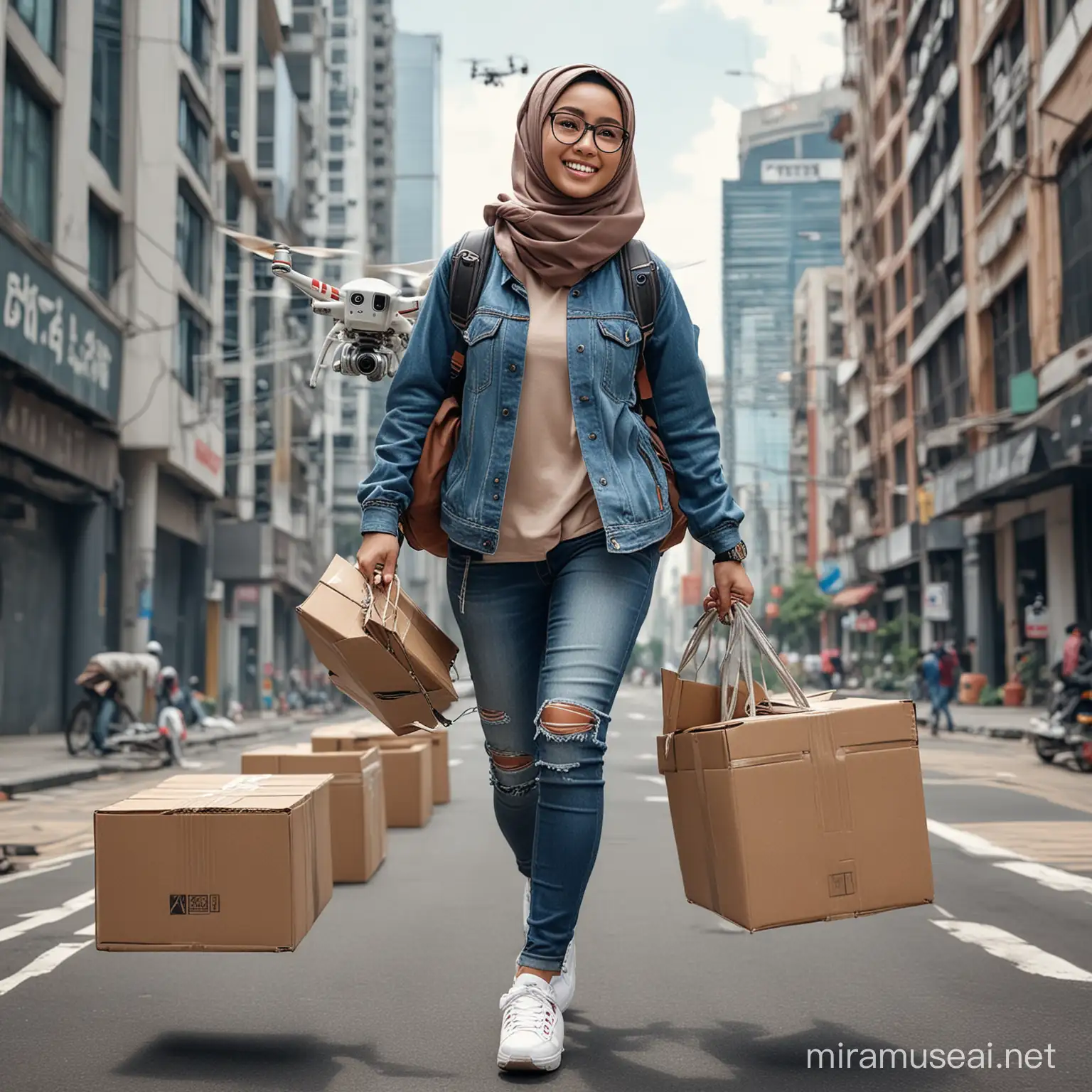 create a realistic picture of indonesian beautiful woman, wearing hijab and glasses, clean face, and smilling, wearing casual clothes with a jeans jacket and sneakers, carrying a backpack on her back, riding a large, sophisticated and futuristic drone that is flying forward, on top of the drone there are boxes piled up on ropes, background of city streets with high-rise buildings