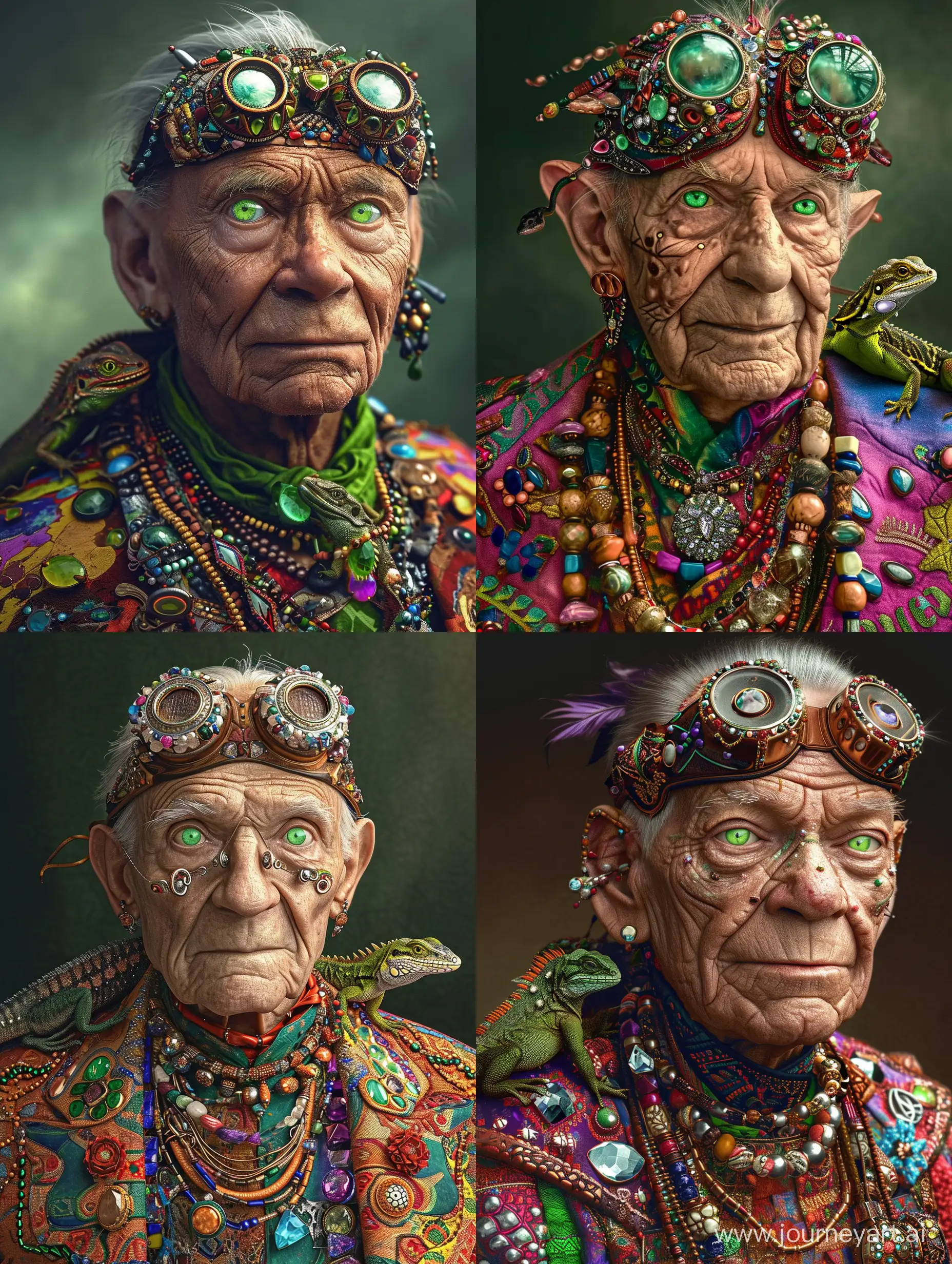 An older man with green eyes and a colorful suit adorned with gemstones and beads. He wears ornate goggles and has a lizard perched on his shoulder.