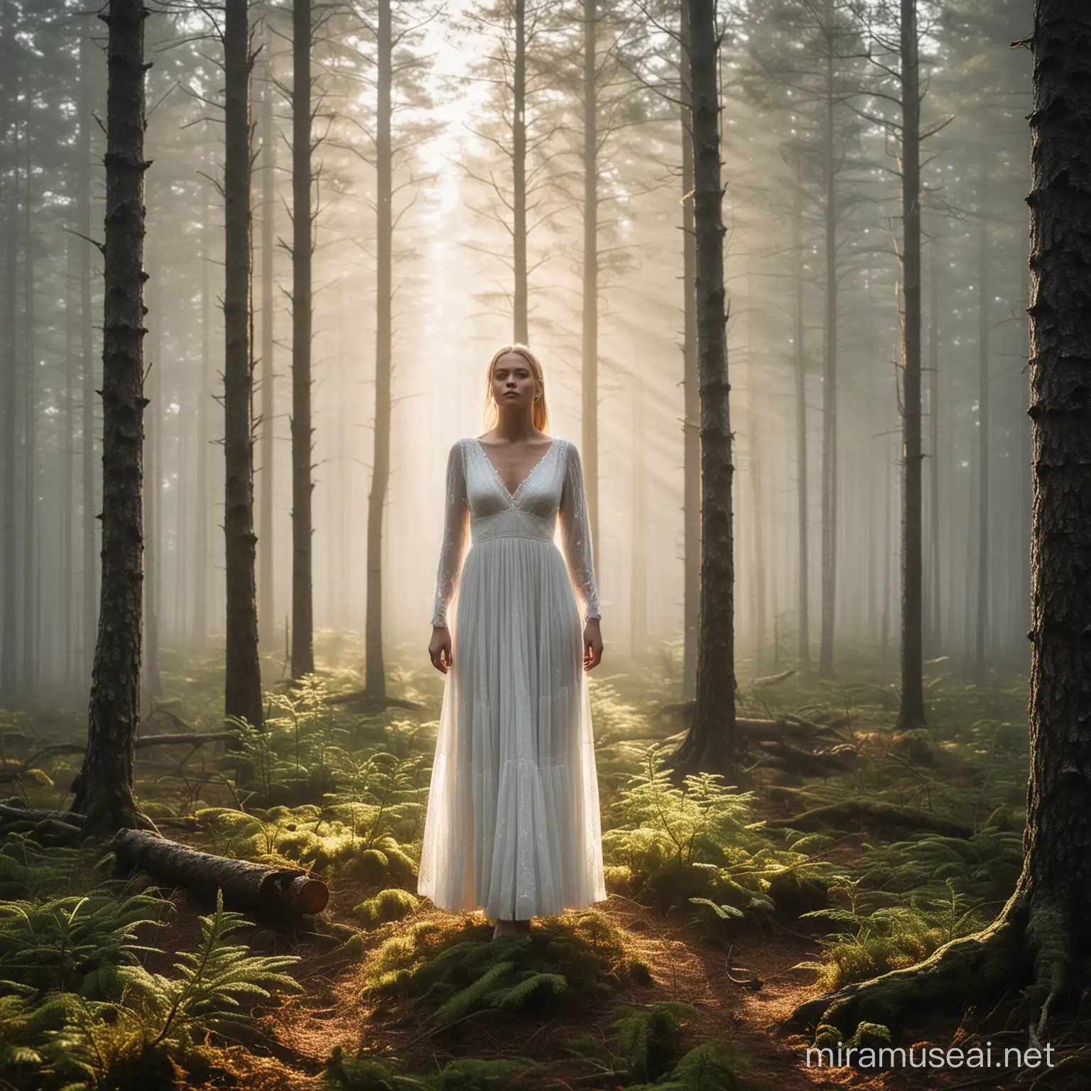 Enchanting Morning in Finnish Spruce Forest with Ethereal Woman