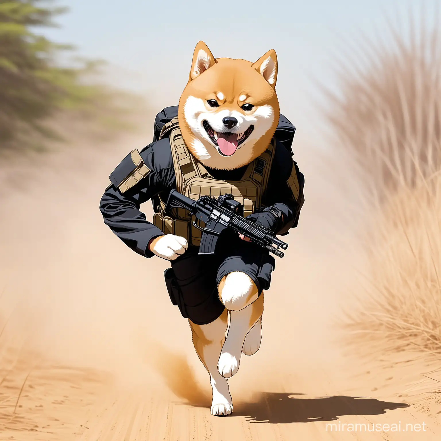 create an angry shiba inu in tactical gear running 