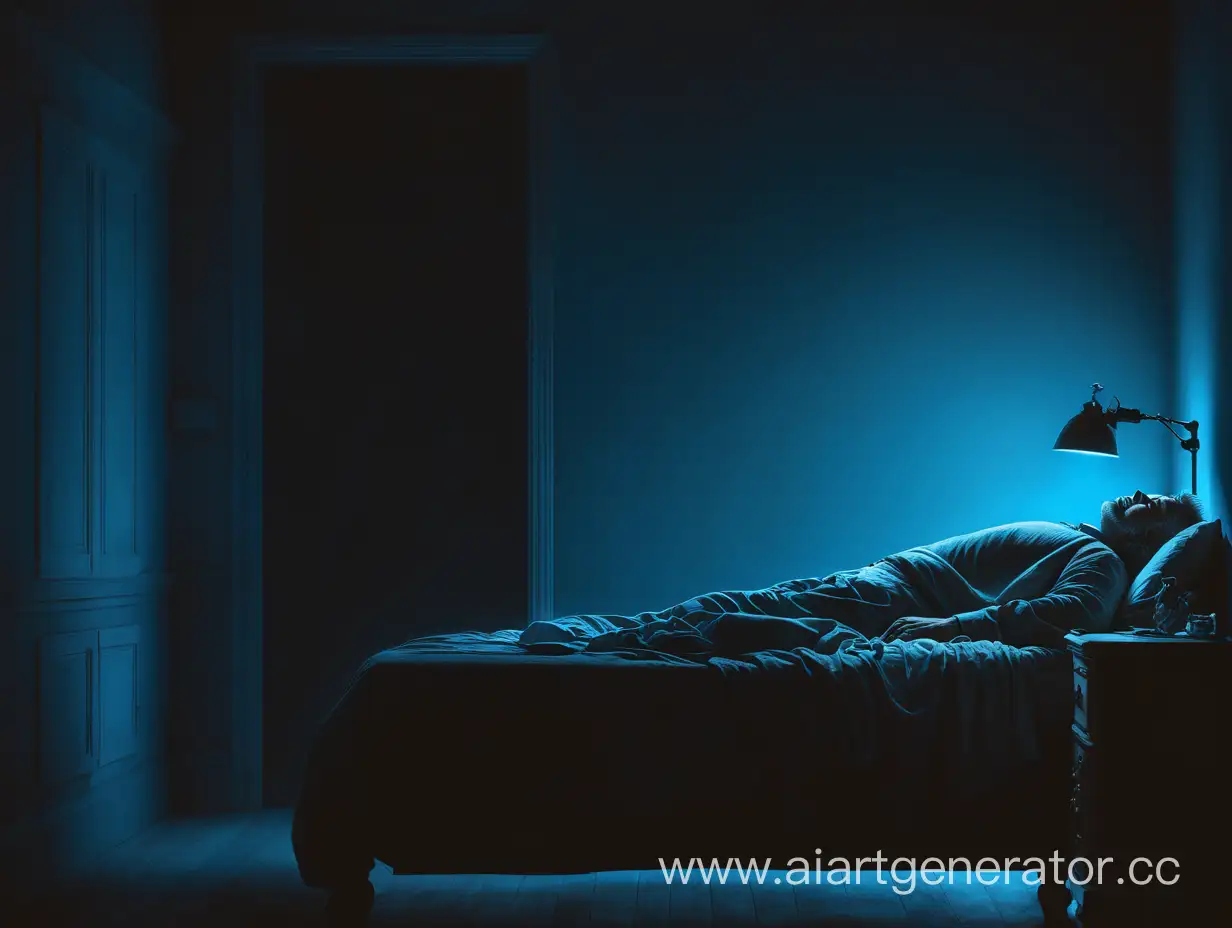 Арт человек спит в темной комнате со слабым синим свечением