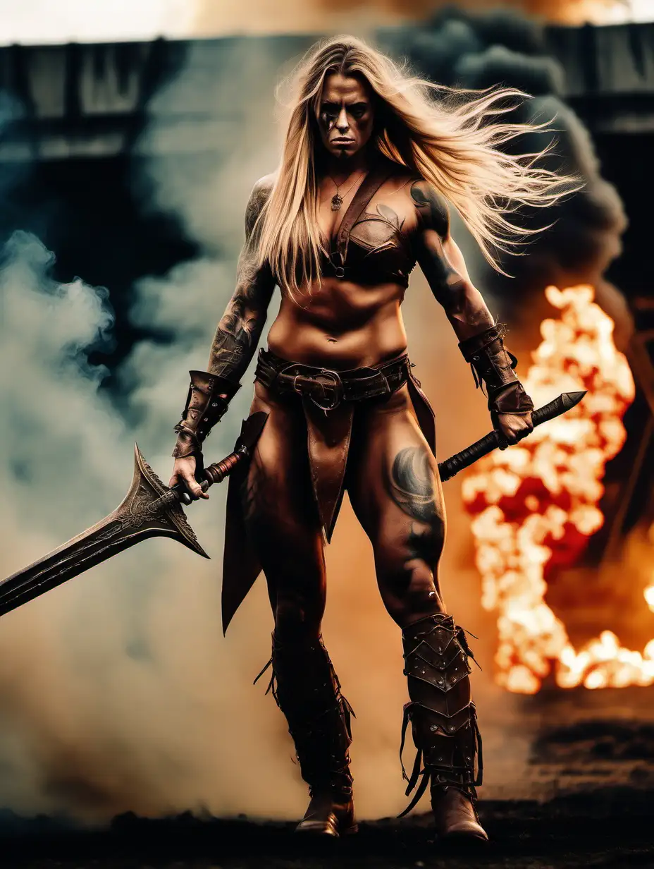 full height big tattooed extremely muscular female barbarian bodybuilder with long blonde hair wearing brown  leather armor standing on a battlefield carrying a bloody sword with smoke and flames in the background