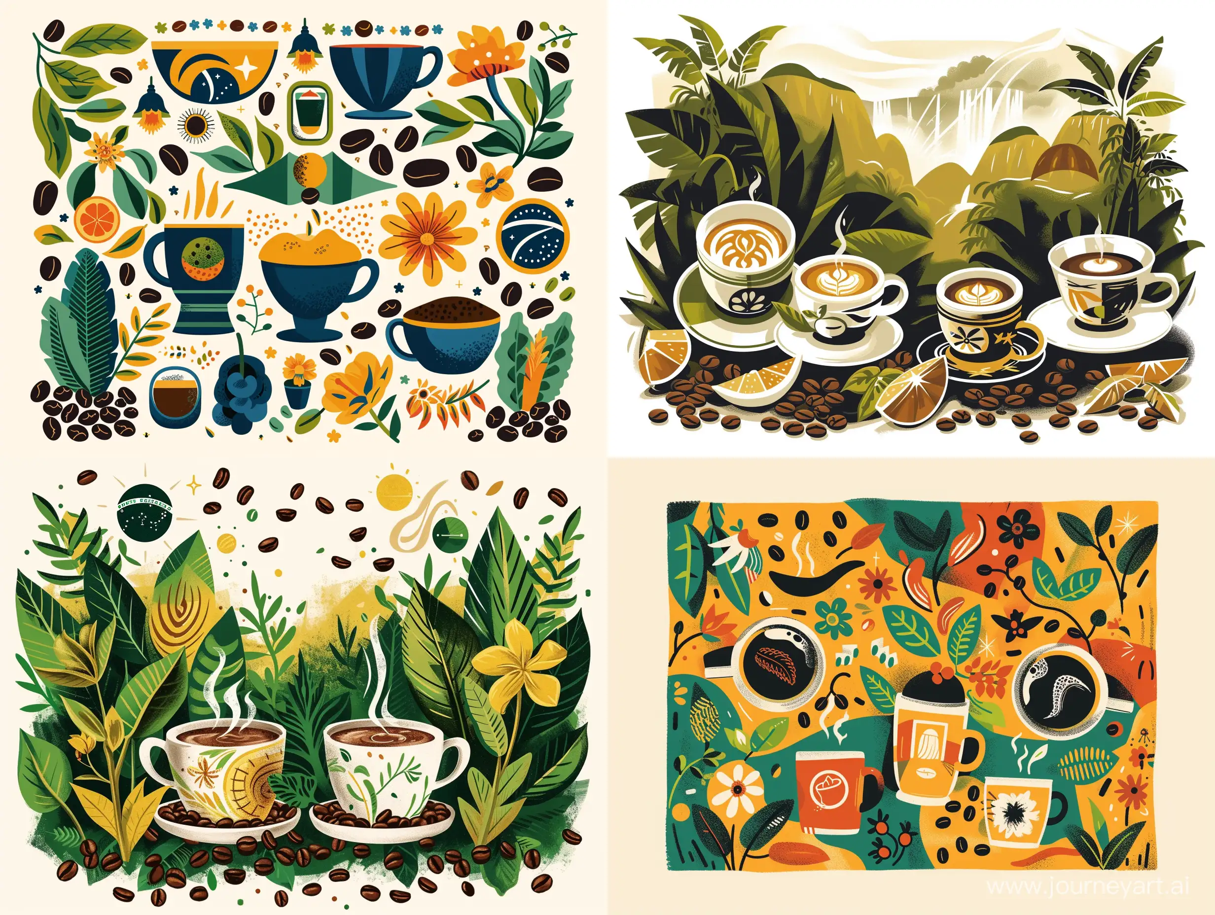 иллюстрация  в стиле иллюстратора Piet Parra  кофе в перемешку с символами и природой Бразилии, чашками, зернами кофе 