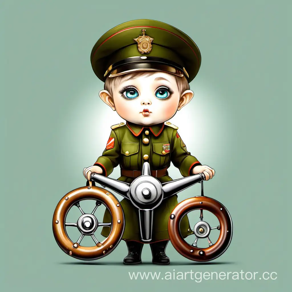 
 арт сказочный ребенок в военной форме со штурвалом ,большые глазки пухлые шеки  на белом фоне