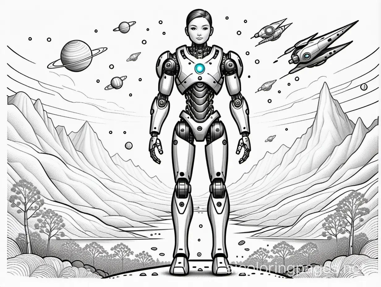a fusion of technology and humanism, showing the coexistence of advanced robotics or AI with the essence of humanity., Coloring Page, black and white, line art, white background, Simplicity, Ample White Space. The background of the coloring page is plain white to make it easy for young children to color within the lines. The outlines of all the subjects are easy to distinguish, making it simple for kids to color without too much difficulty