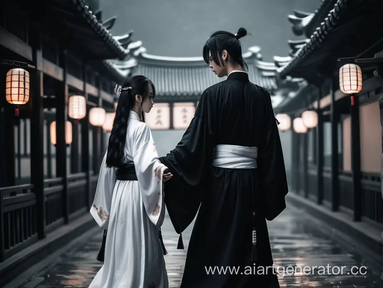 Emotional-Moment-Youth-in-White-Hanfu-Holding-Hands-with-Youth-in-Black-Hanfu-in-Urban-Setting