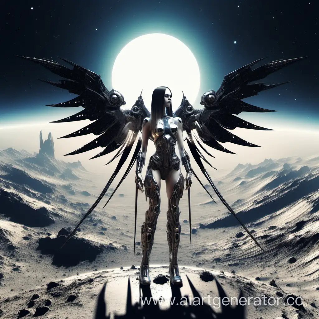 A beautiful polymetallic cyborg girl with black metal and long wings stands on the surface of the moon, against the backdrop of the planet earth.