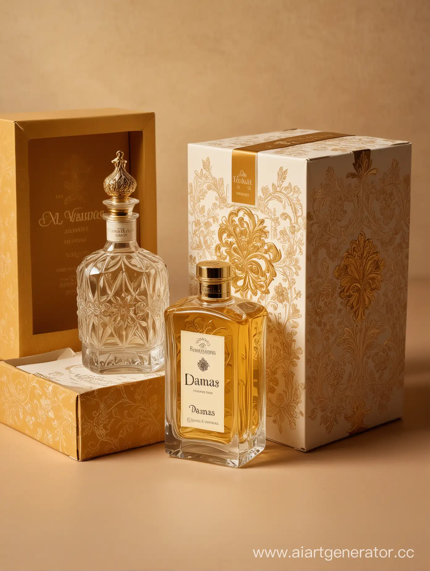 a bottle of damas cologne sitting next to a box, a flemish Baroque by Demetrios Farmakopoulos, instagram contest winner, dau-al-set, dynamic composition, contest winner, feminine
golden background