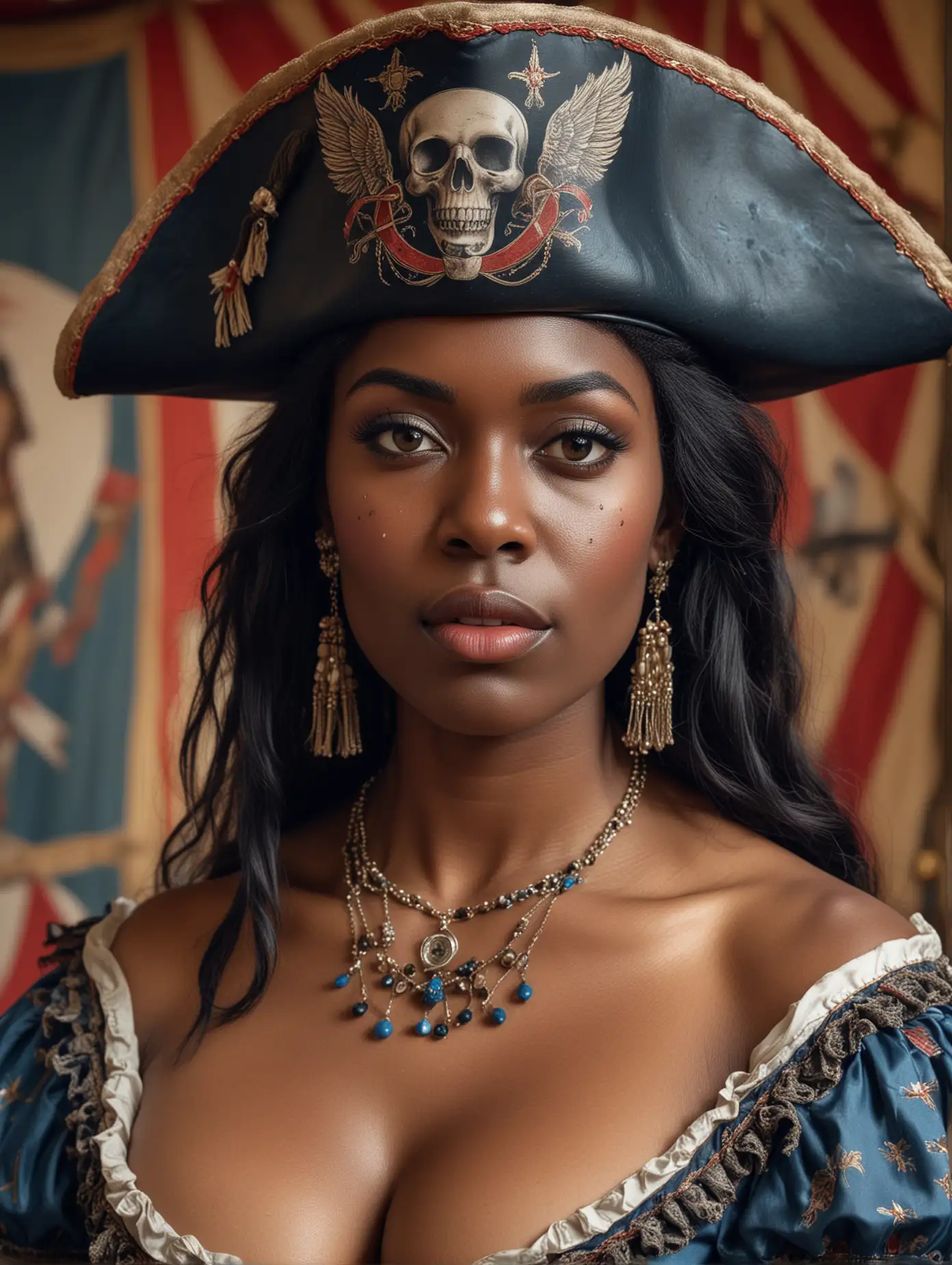 close up portrait, highly detailed, circus, in the style of whimsical yet eerie symbolism, France 1860's, light red, white and blue palette, close up portraiture, well built, African black skinned female with long black hair, big boobs, wearing a pirate themed outfit, bicorne pirate hat, Napoleonic revolutionary theme, covered in tattoos, inside a circus tent, nature-inspired pieces, circus costumes, ultra details