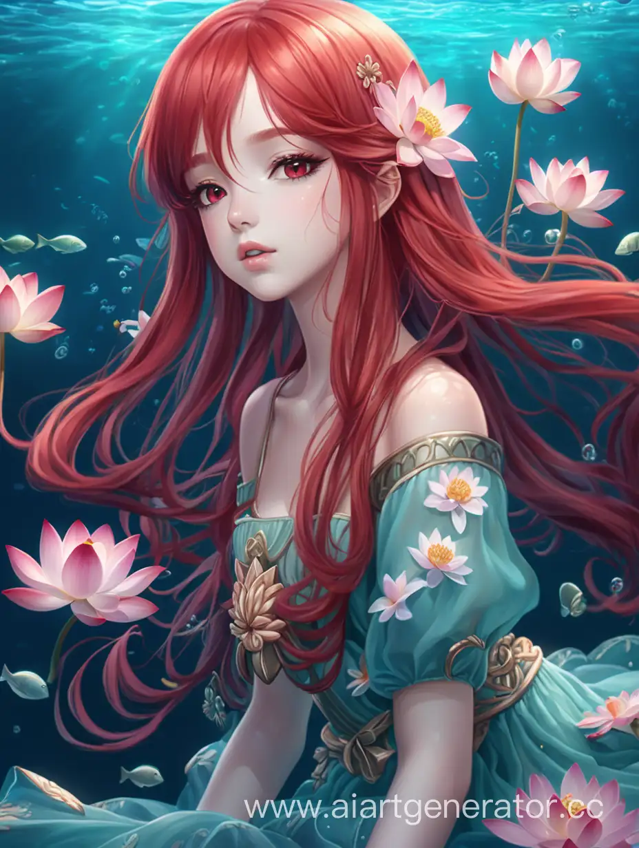 Красивая аниме девушка с длинными рыжими волосами.  У неё красивые губы и аккуратный нос.  Девушка находится под водой. Она одета в платье сделанное из цветов лотоса. 