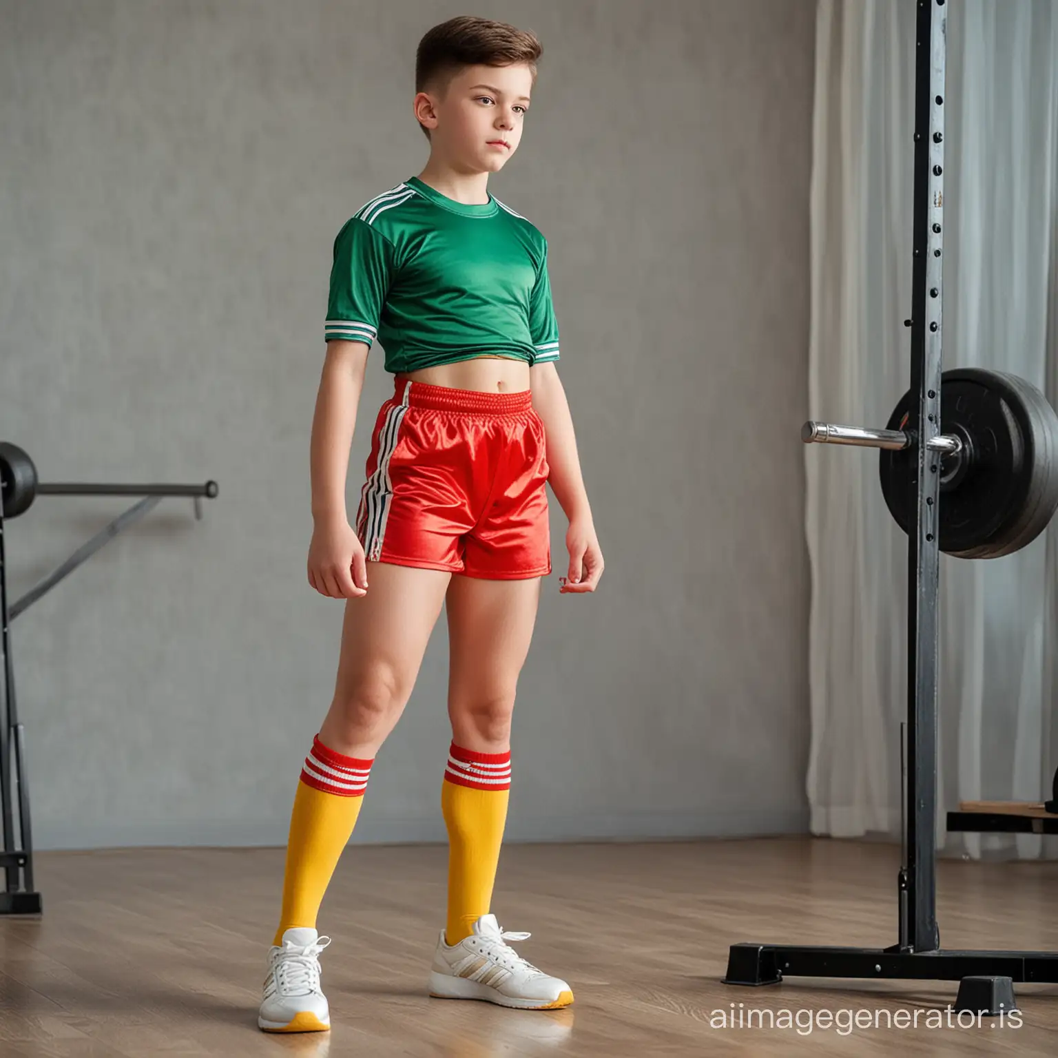 A 14-year-old boy in a green short-sleeved T-shirt, very short shiny satin red shorts, long yellow knee-high socks with three blue stripes and white sneakers stands in the gym and exercises with dumbbells., photo