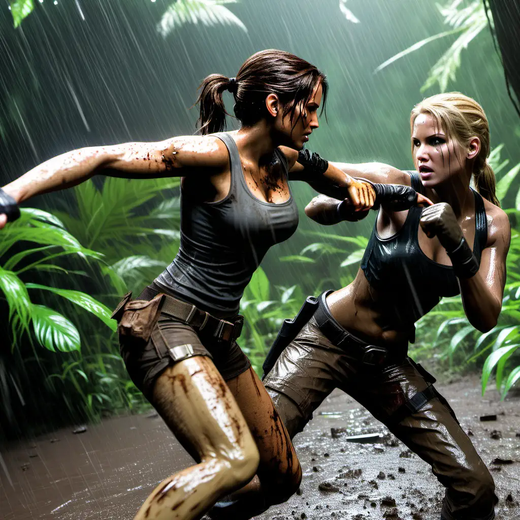 Lara Croft punching her blonde female rival in the rain forest muddy 