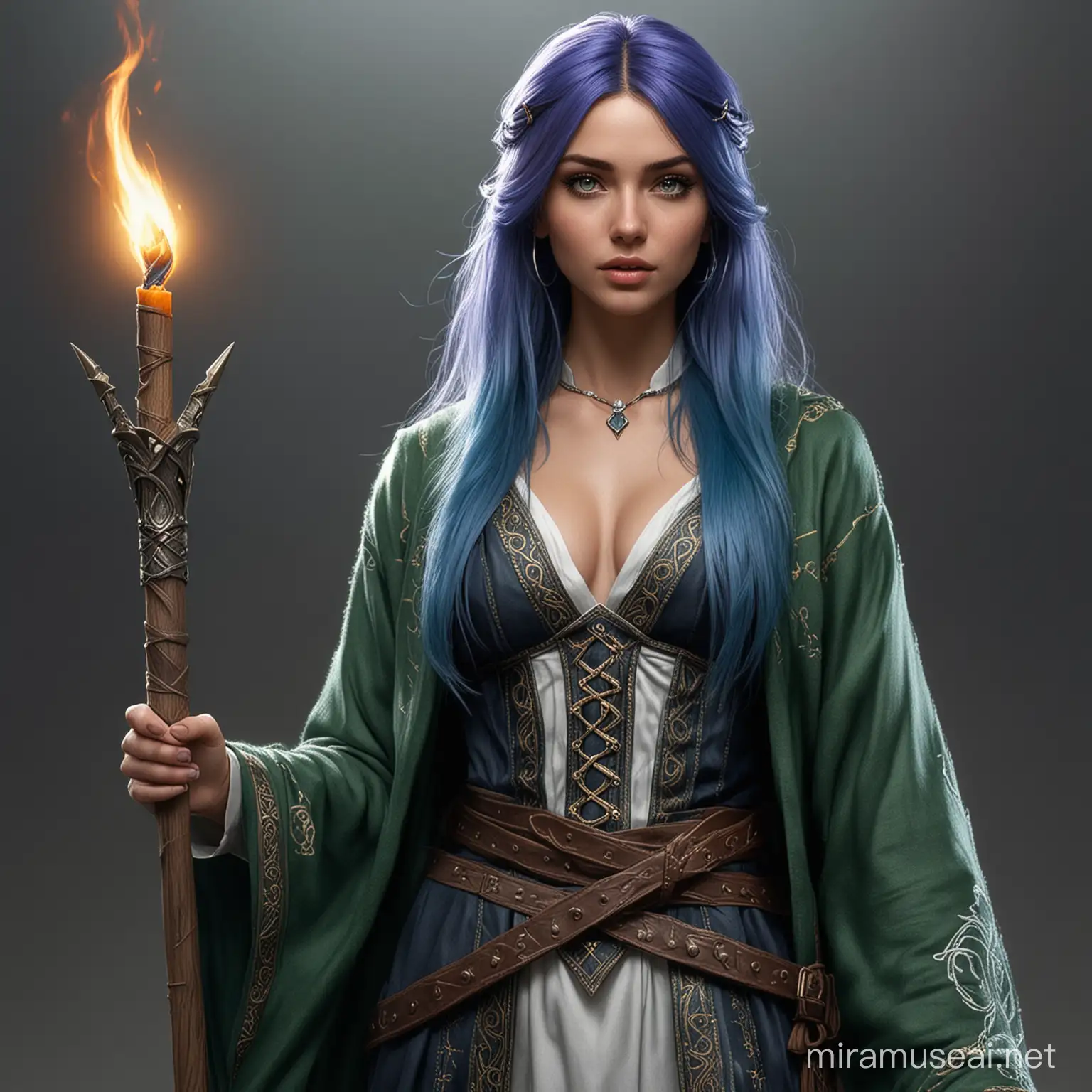 Female Magician with VioletBlue Hair and Magicians Staff in Fantasy Forest