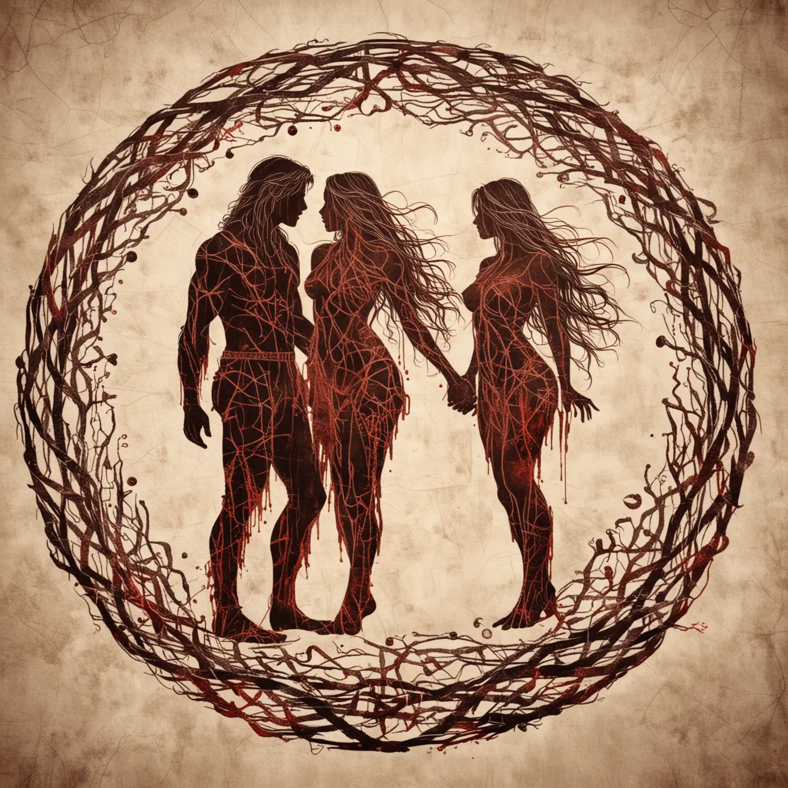 Enigmatic Circle of Runes Seductive Flirtation Amidst Silhouettes of LongHaired Figures