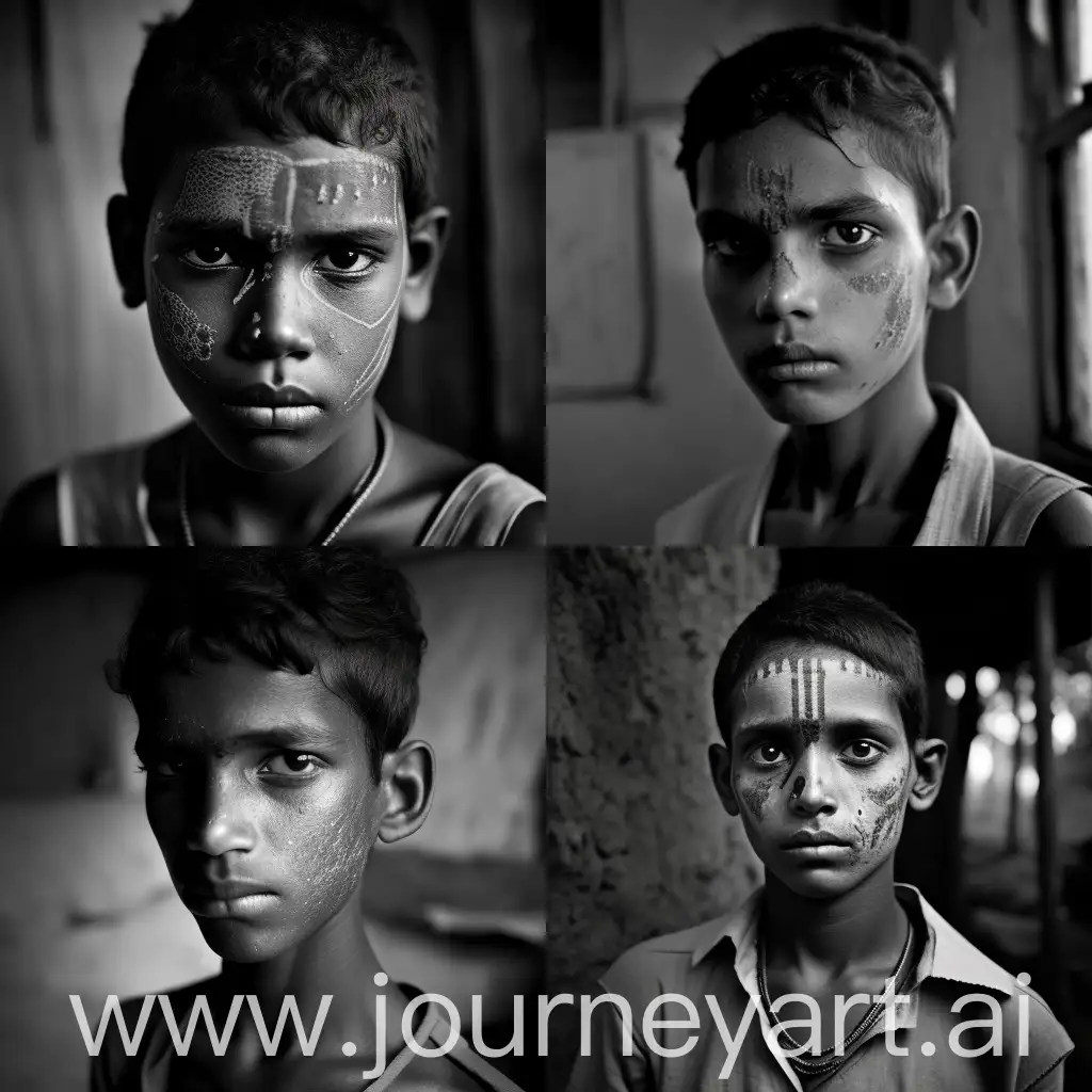 Indian 13 yo face is marked by the harsh edges of rejection and neglect, his features obscured by the unevenness of his bone structure and the angularity of his jawline. His face shape, a stark reflection of the adversity he has endured, carries the weight of unfulfilled longing and shattered dreams. Each contour speaks to the pain and suffering that have left their indelible mark upon him, a visual testament to the challenges faced within the unforgiving landscape of the British council estates.