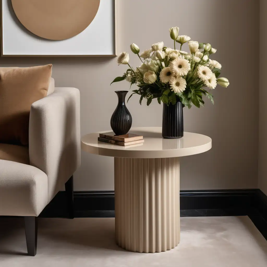 A product photography picture of a beige circle side table with a single pedestal fluted base in the centre of a contemporary living room with a vase of flowers on top of it.