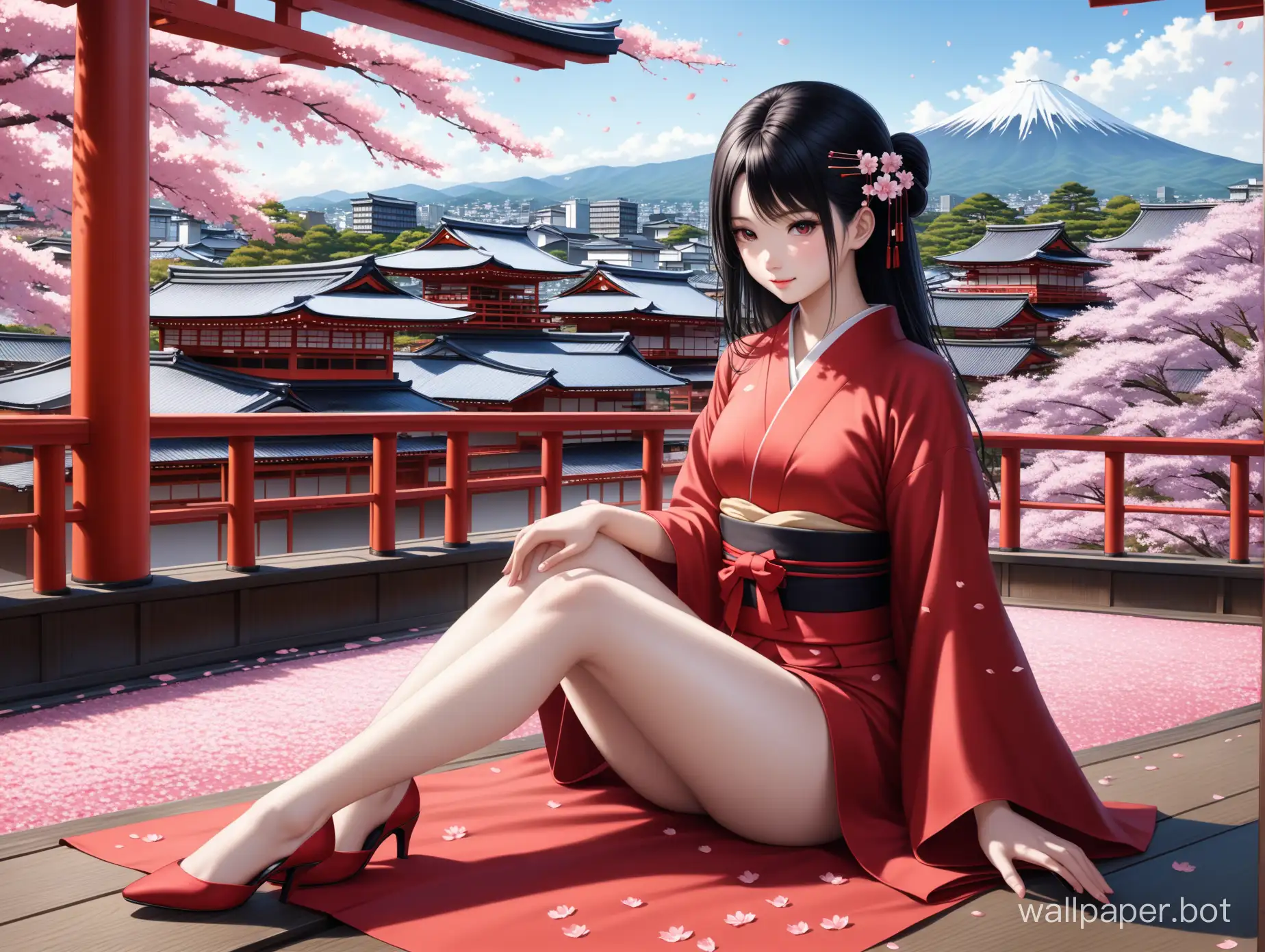 Graceful-Japan-Girl-in-Red-Kimono-with-Detailed-Kyoto-City-Background