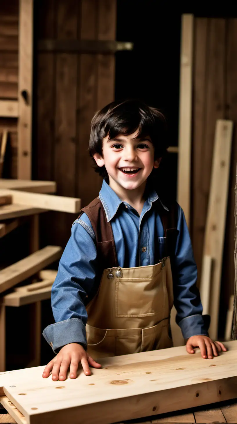 a dark haired boys dressed as carpenter happy in a wood workplace